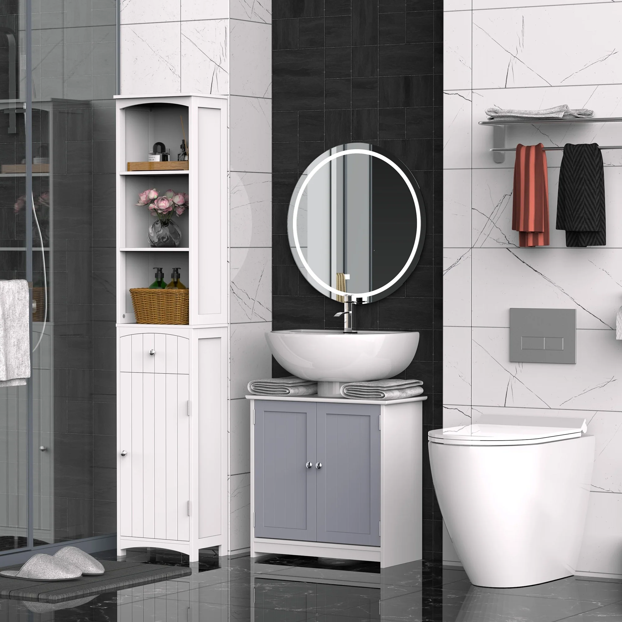 kleankin Vanity Base Cabinet, Under-Sink Bathroom Cabinet Storage with U-Shape Cut-Out, White and Grey