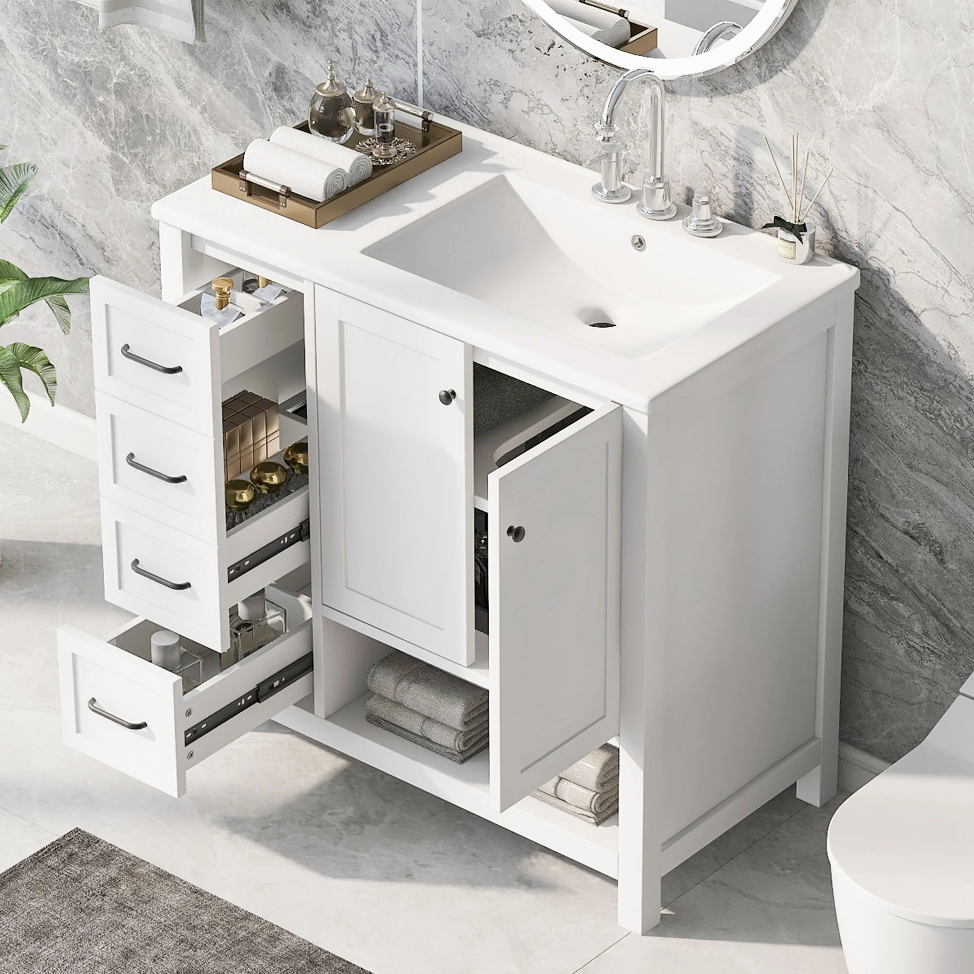 Bathroom Vanity with Ceramic Sink, Bathroom Storage Cabinet with 2 Drawers, Bathroom Vanity with 1 Tip-Out Drawer and 1 Door