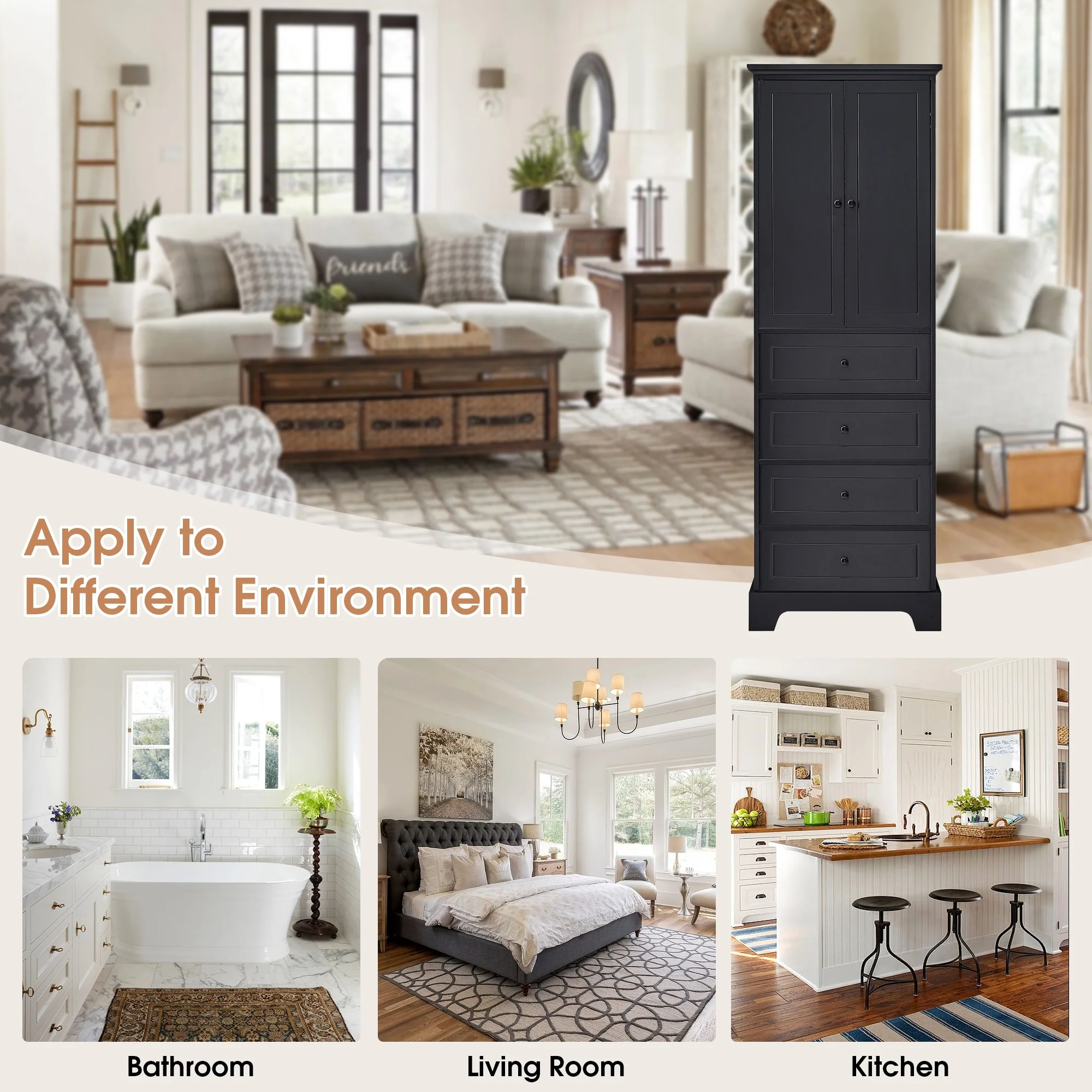 Modern Storage Cabinet with 2 Doors and 4 Drawers for Bathroom, Office