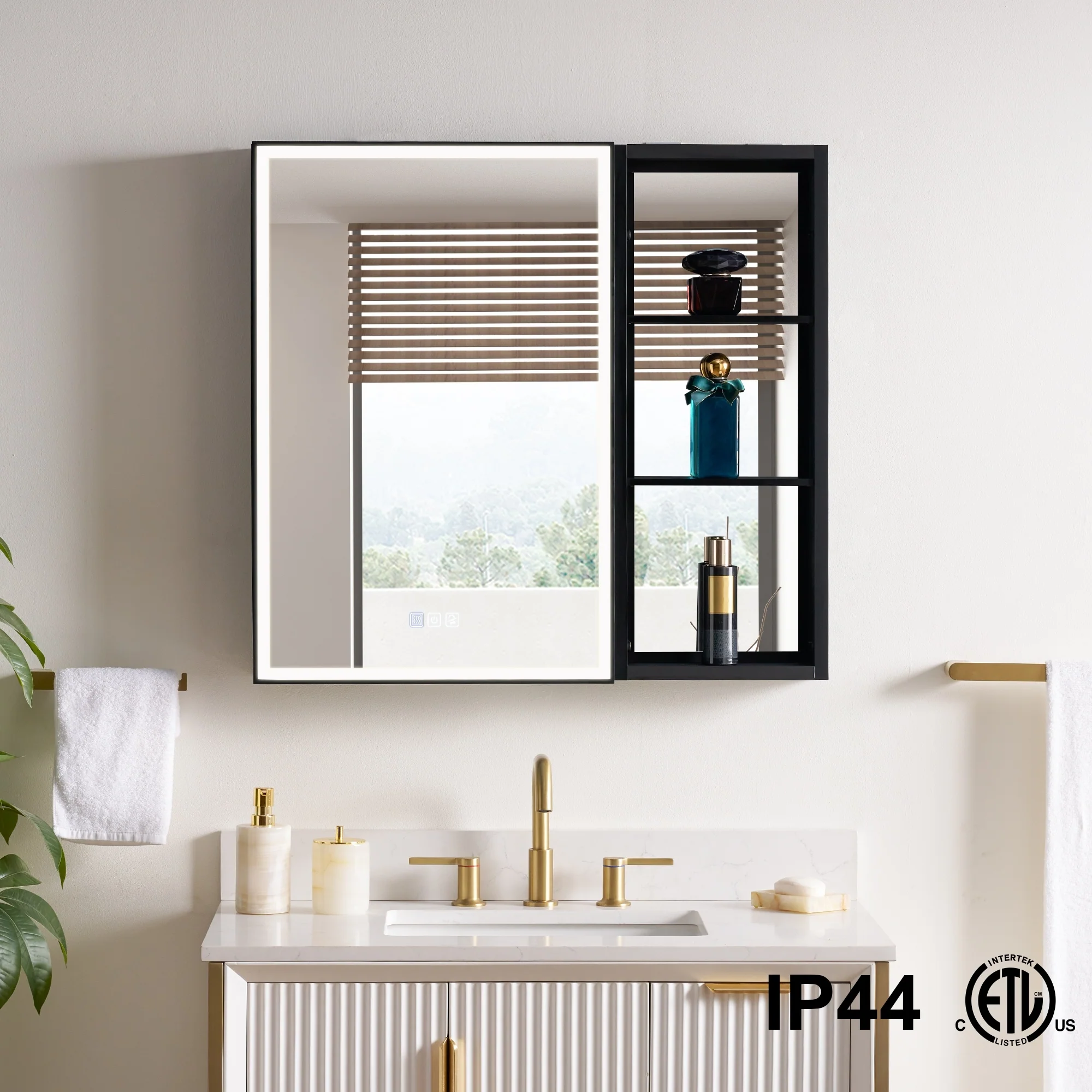 30 in. H Recessed or Surface Wall Mounted LED Mirror Cabinet With Black Side Cabinet