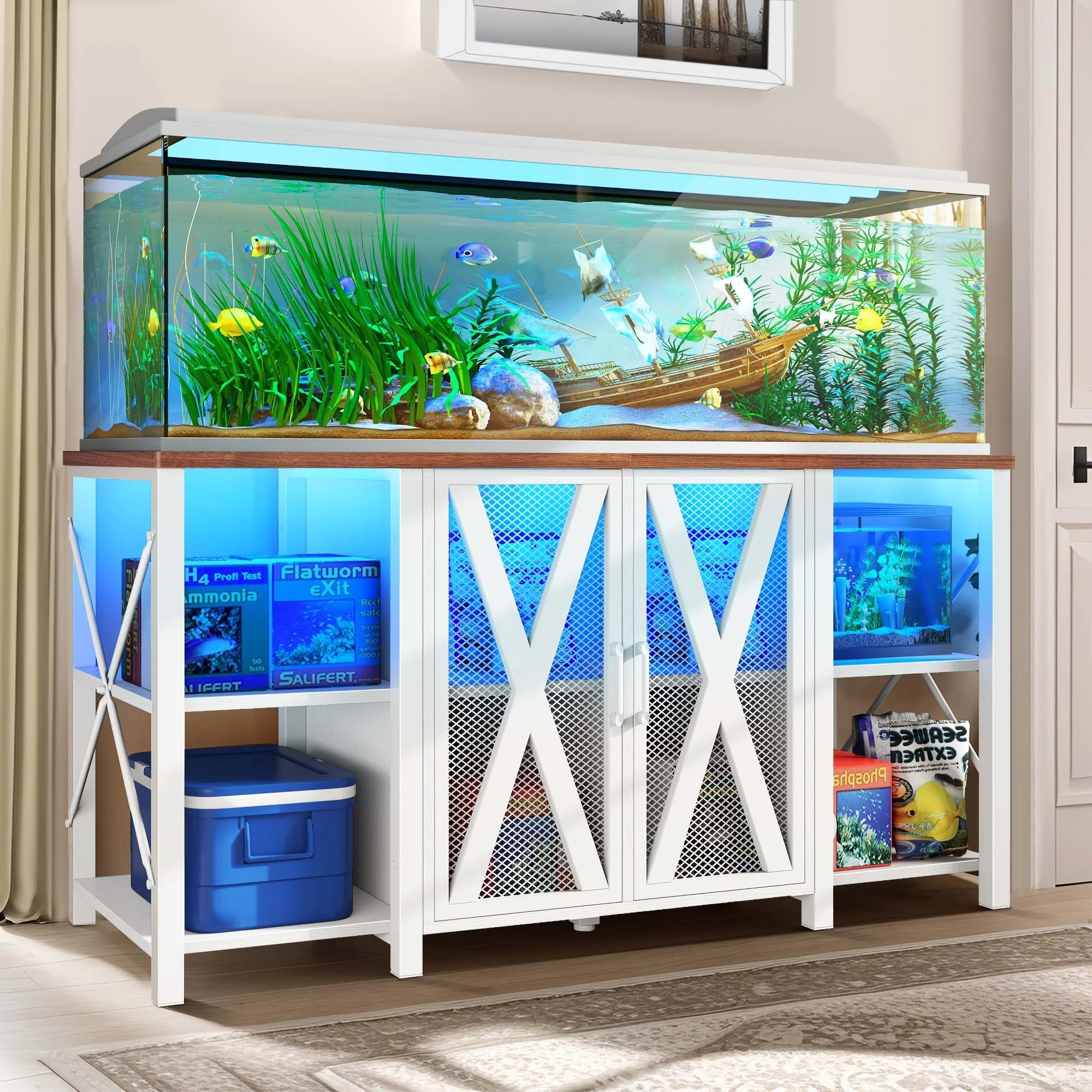 Moasis 75-120 Gallon Aquarium Stand with Power Outlet & LED Light,Heavy Duty Metal Fish Tank Stand