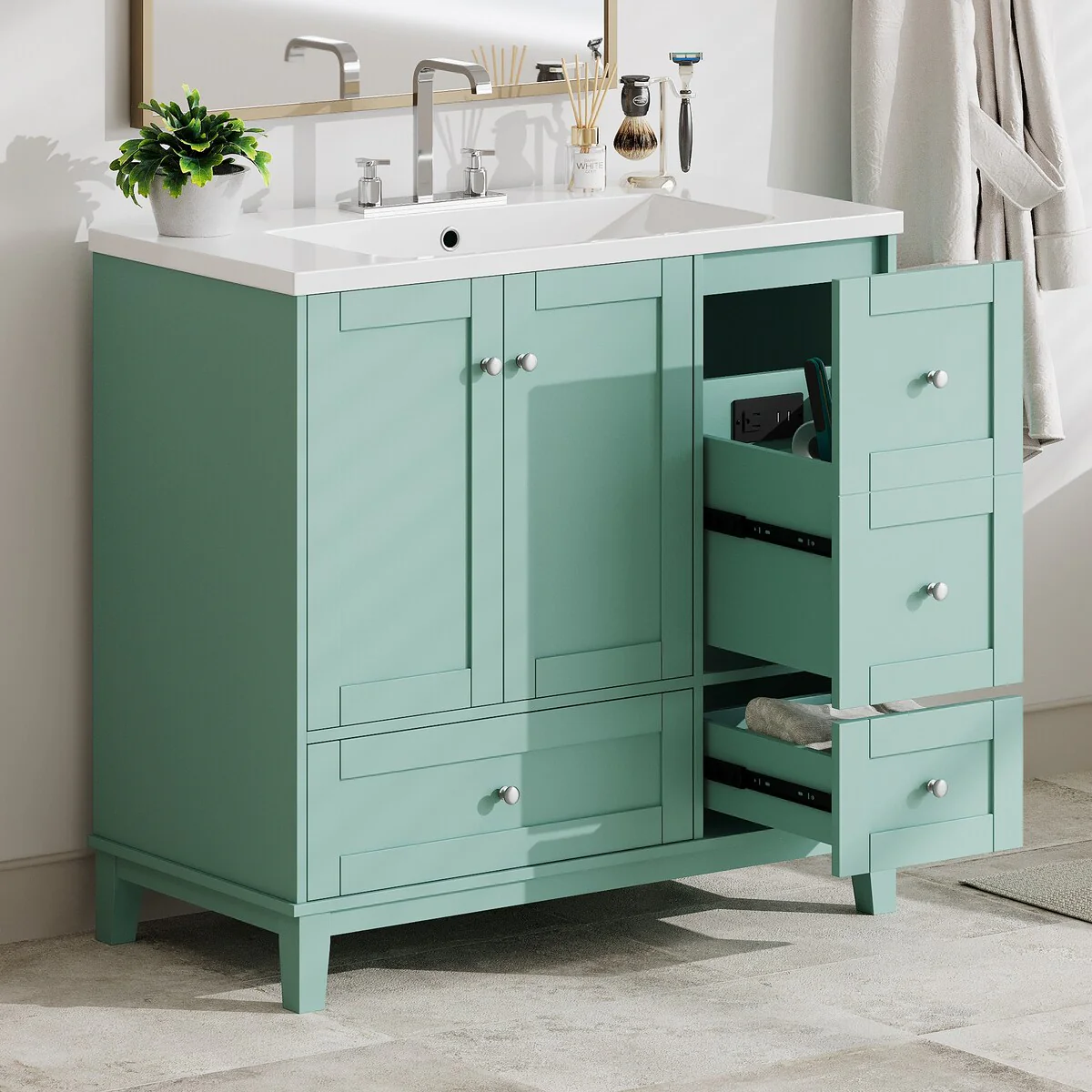 36 Inch Bathroom Vanity with USB Charging, Two Doors and Three Drawers, Small Bathroom Vanity cabinet with single sink