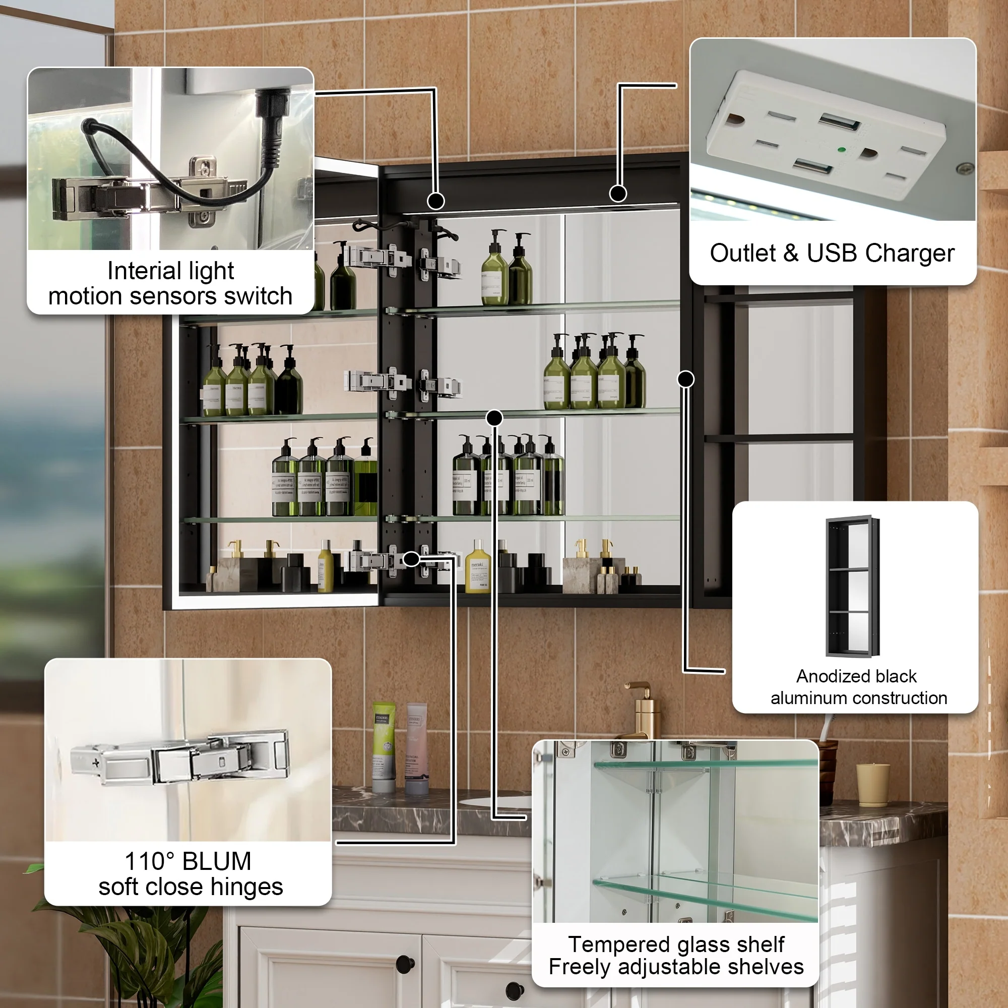 30 in. H Recessed or Surface Wall Mounted LED Mirror Cabinet With Black Side Cabinet