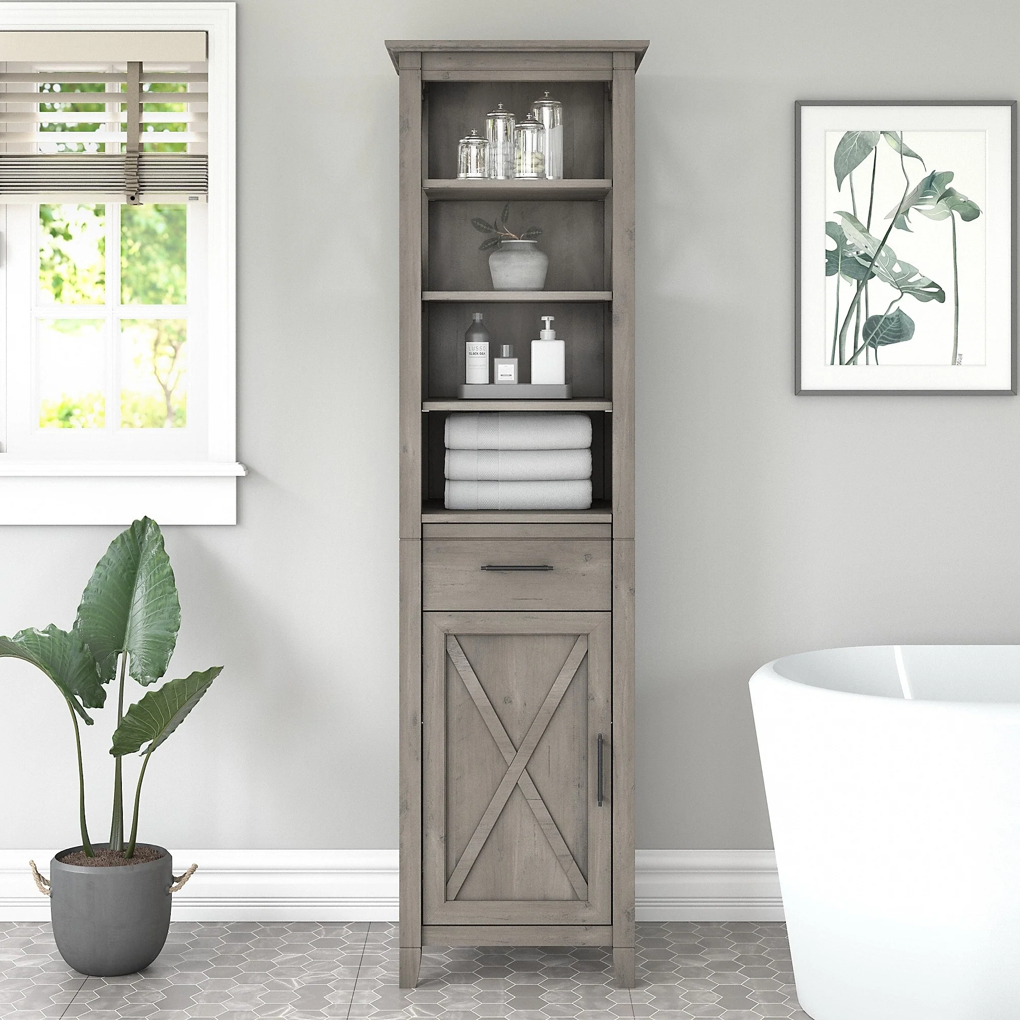 Key West Tall Narrow Bookcase Cabinet by Bush Furniture