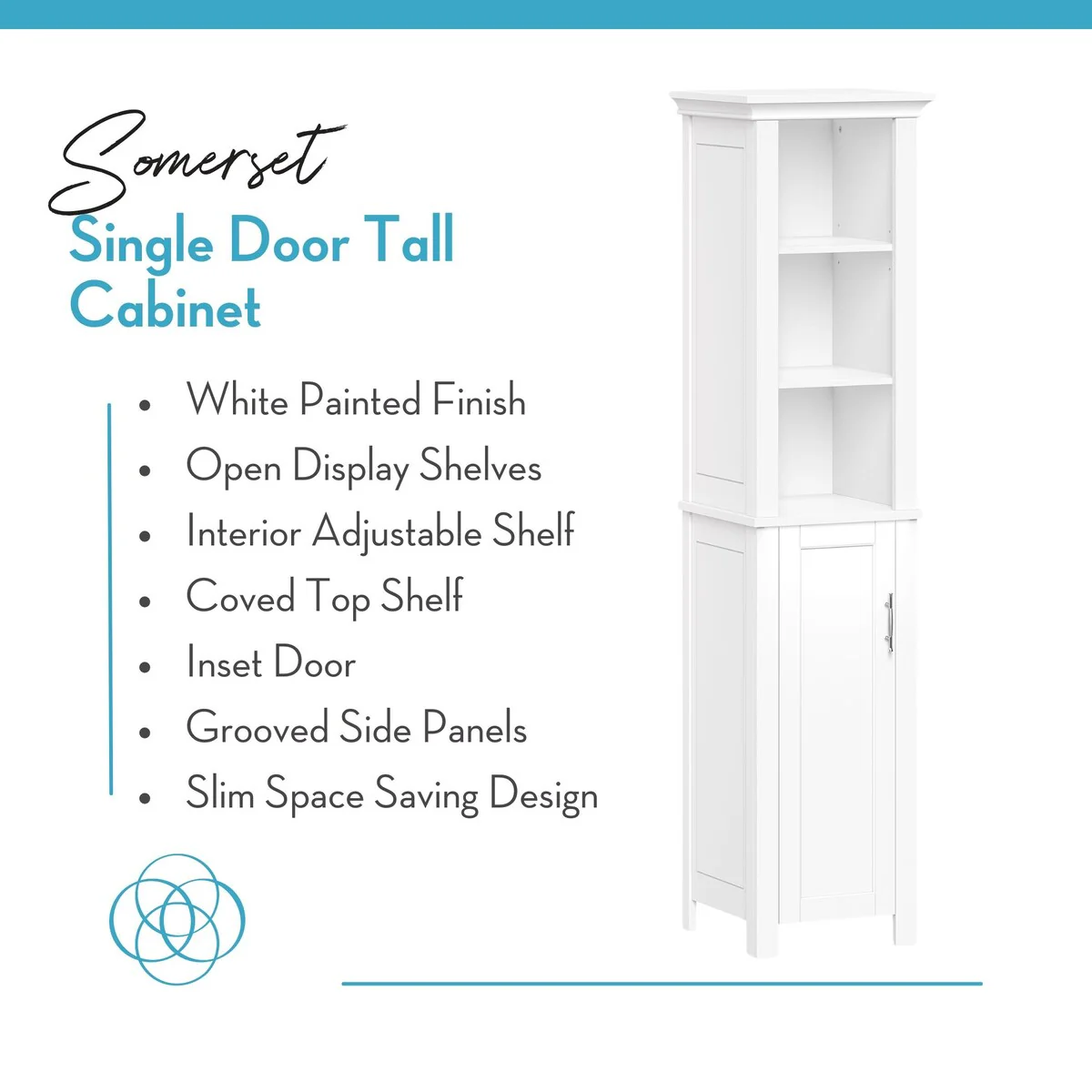 RiverRidge Somerset Single Door Tall Bathroom Cabinet Storage Organizer with an Open and Adjustable Shelves - White