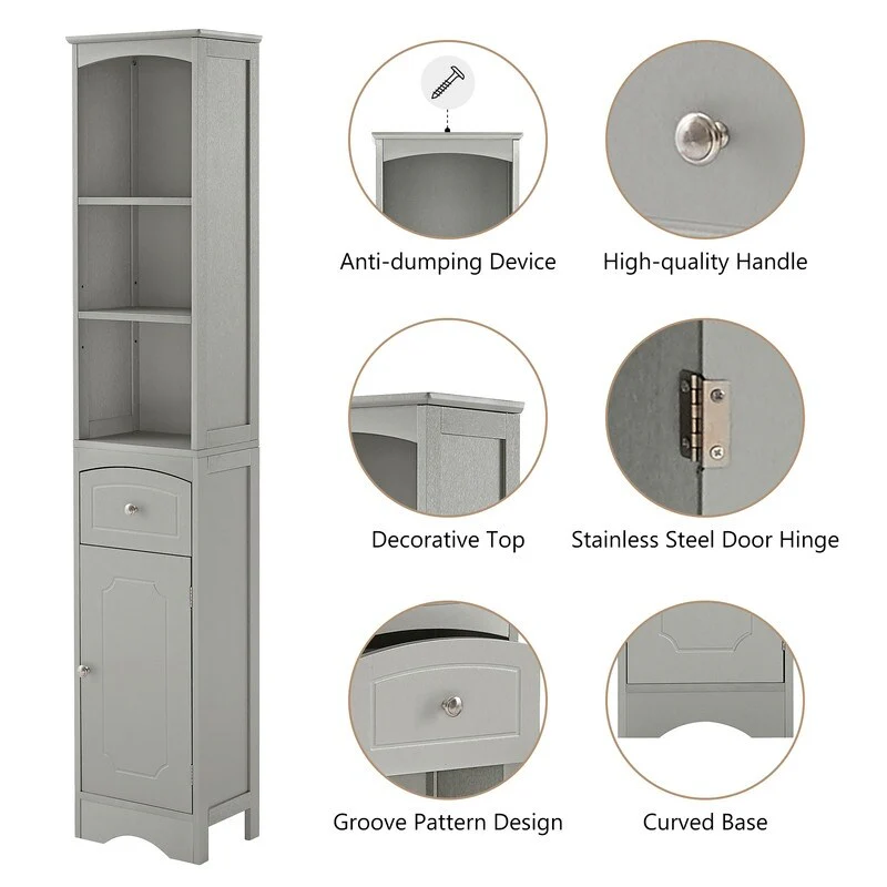 72'' Bathroom Tall Cabinet with Drawer and 5 Adjustable Shelves