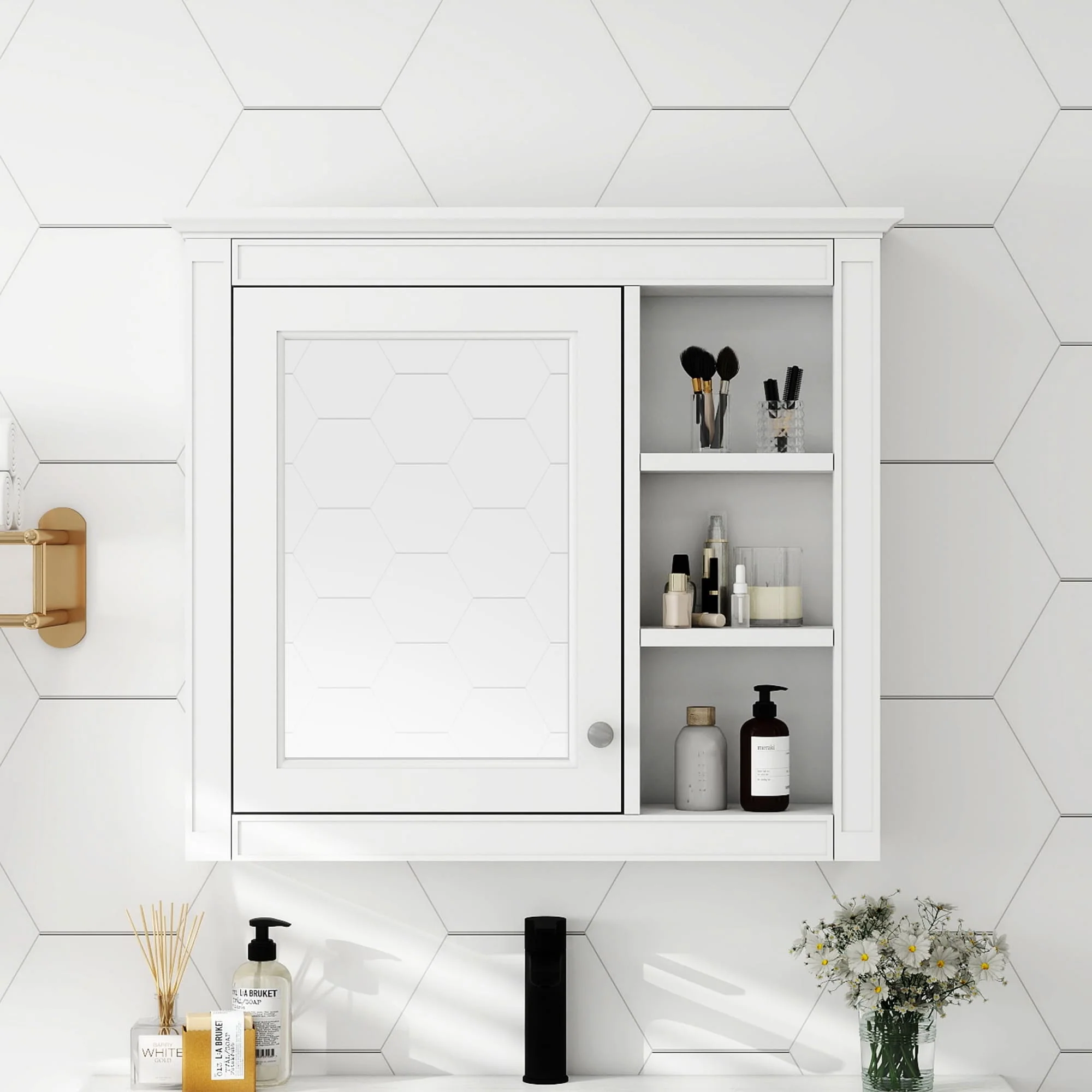 Modern Wall Mounted Bathroom Medicine Cabinet with Mirror & 3 Open Shelves