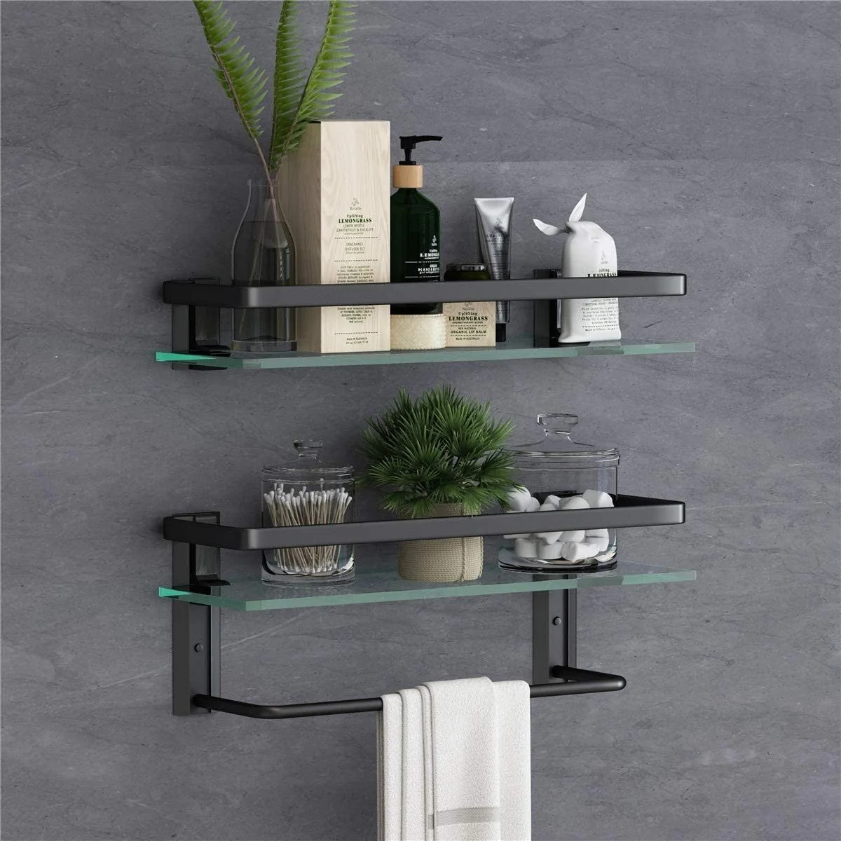2 Tier Bathroom Wall Mounted Floating Glass Shelves with Towel Holder