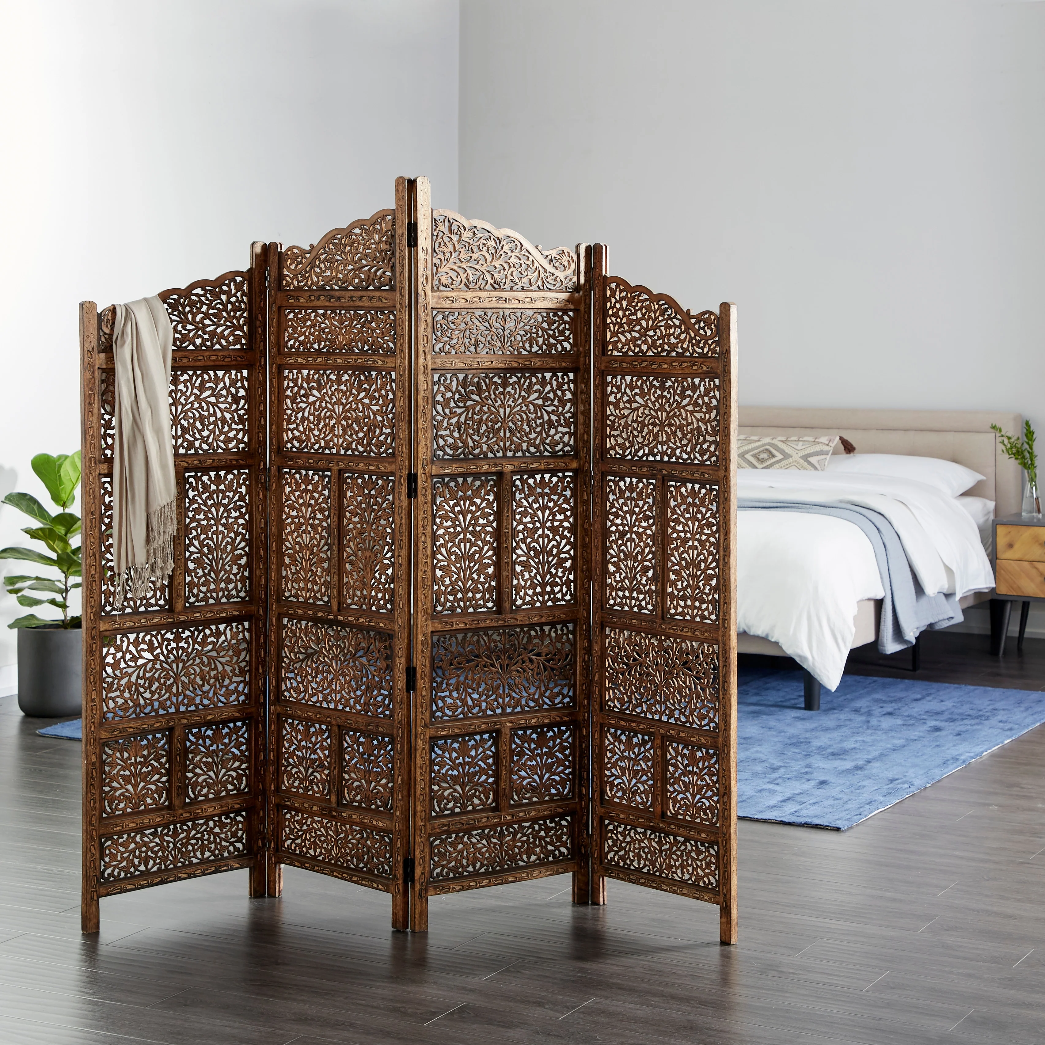 Hand Carved Fold-able 4-Panel Wooden Partition Screen/ Room Divider, Brown