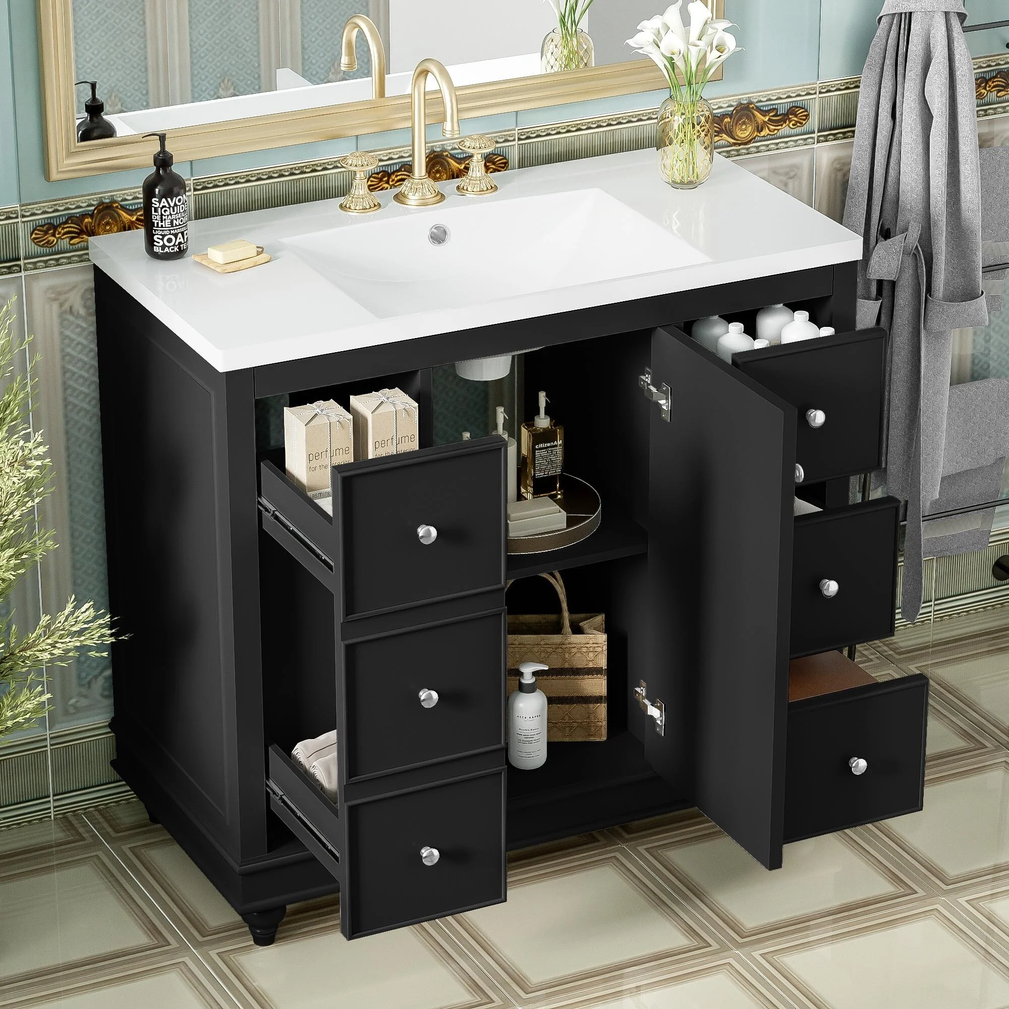Bathroom Vanity with Sink, Bathroom Vanity Cabinet with 4 Drawers and 1 Door, Storage Cabinet with Adjustable Shelves