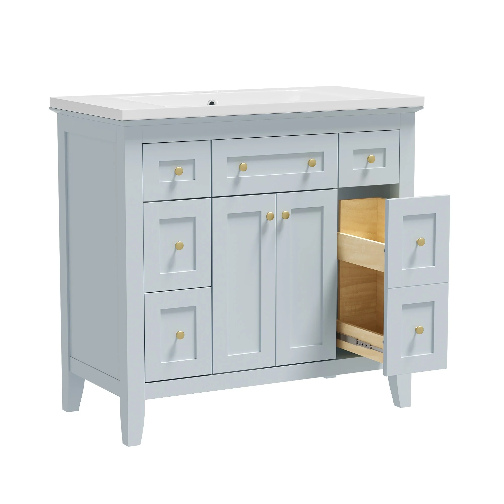 Modern Freestanding Single Bathroom Cabinet with 6 Drawers 2 Cabinets