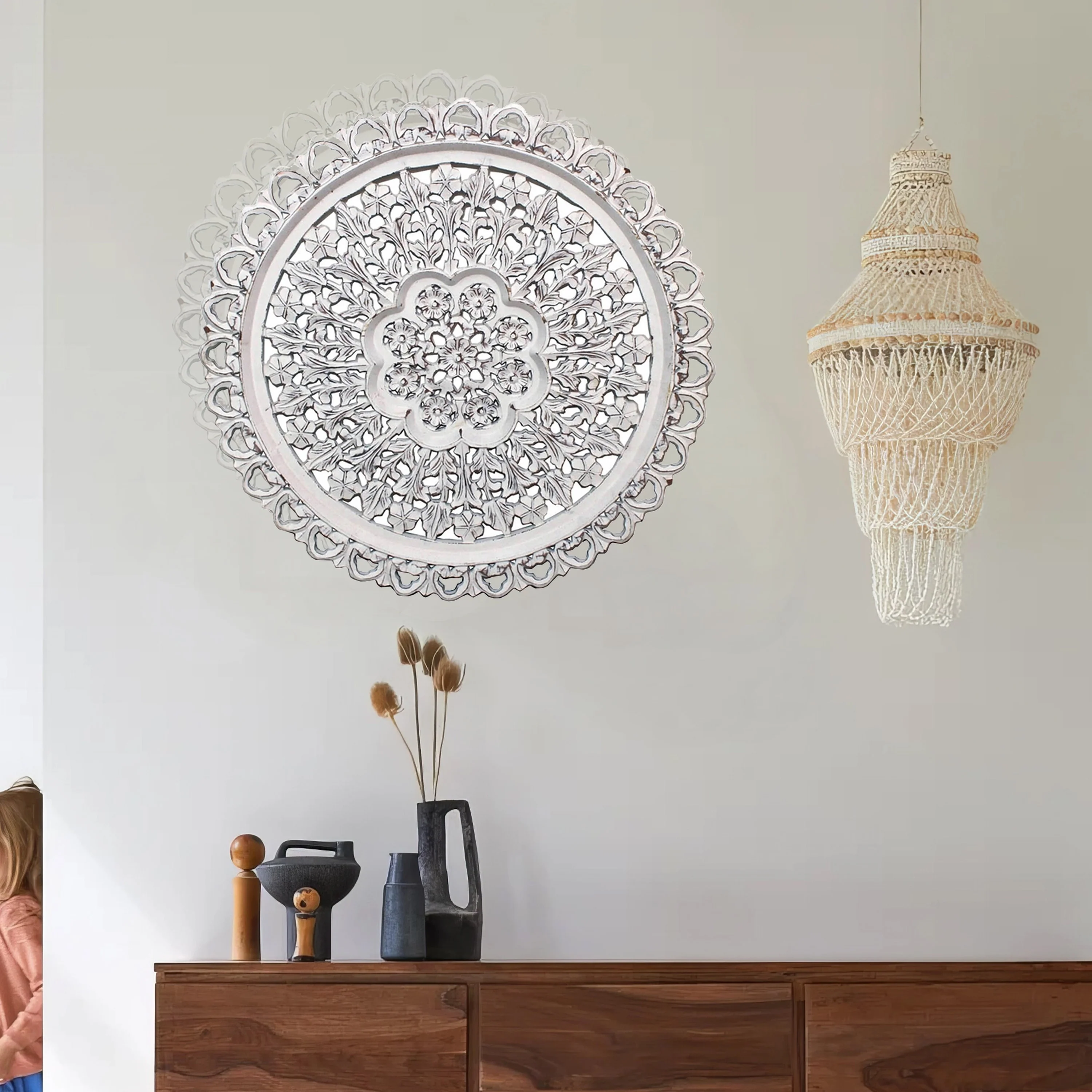 35 Inch Hanging Wall Art Decor, Round, 3D Carved, Rustic White Finish