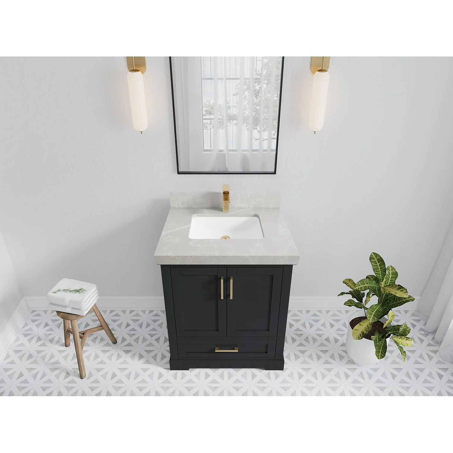 Willow Collection 30 in W x 22 in D x 36 in H Reeded Boston Single Bowl Sink Bathroom Vanity with Quartz or Marble Countertop