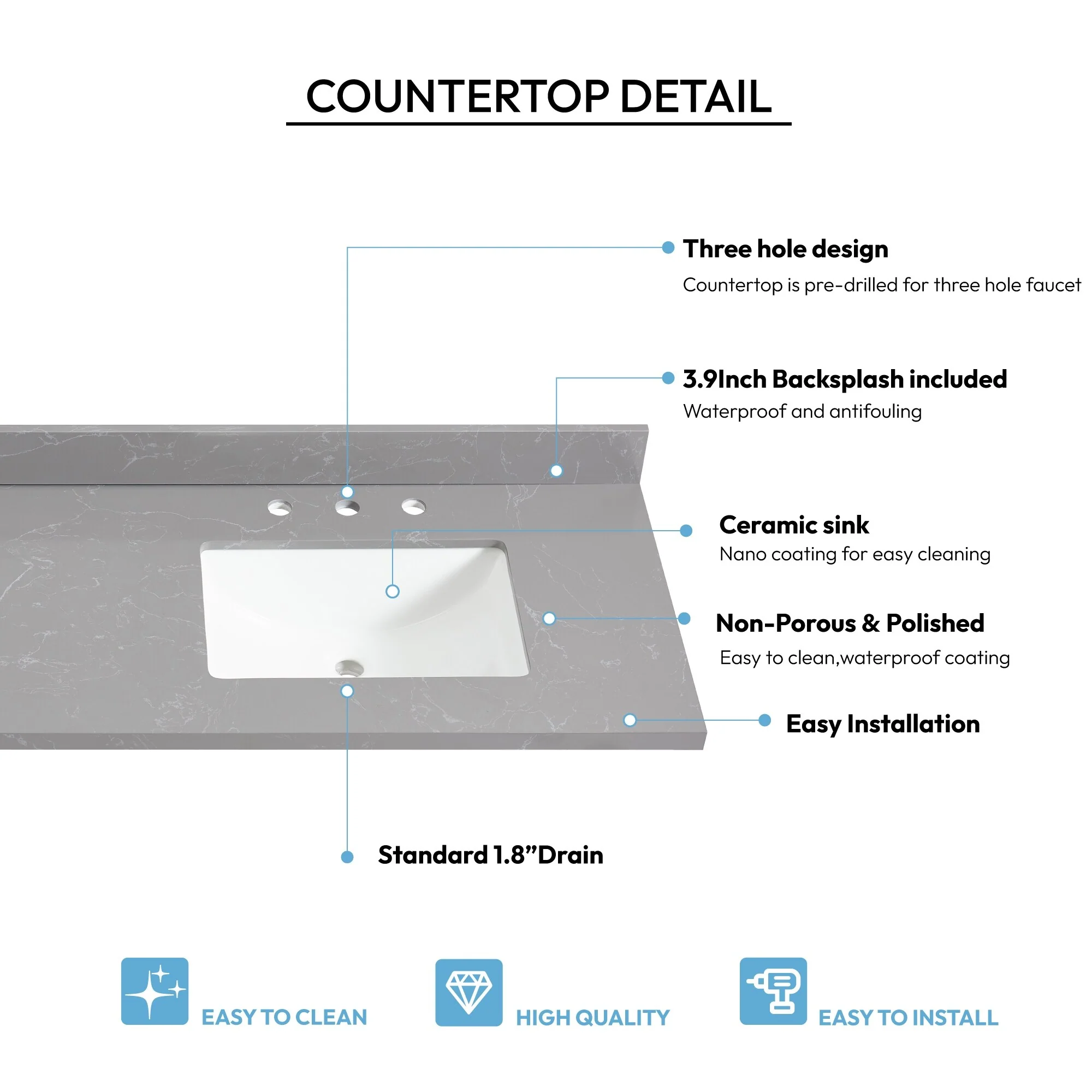 Jaen Composite Stone Vanity Top with White Rectangular Sink