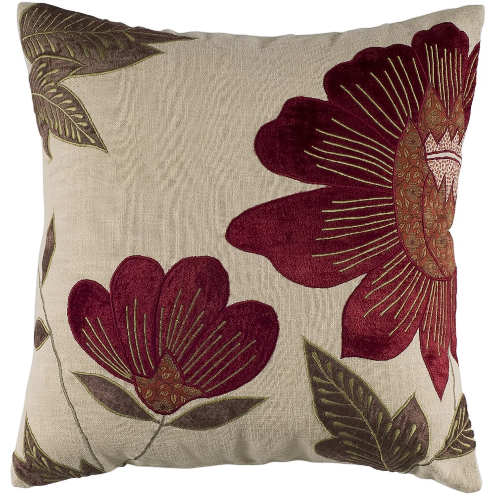Rizzy Home Beige, Red, and Olive Green Floral Throw Pillow