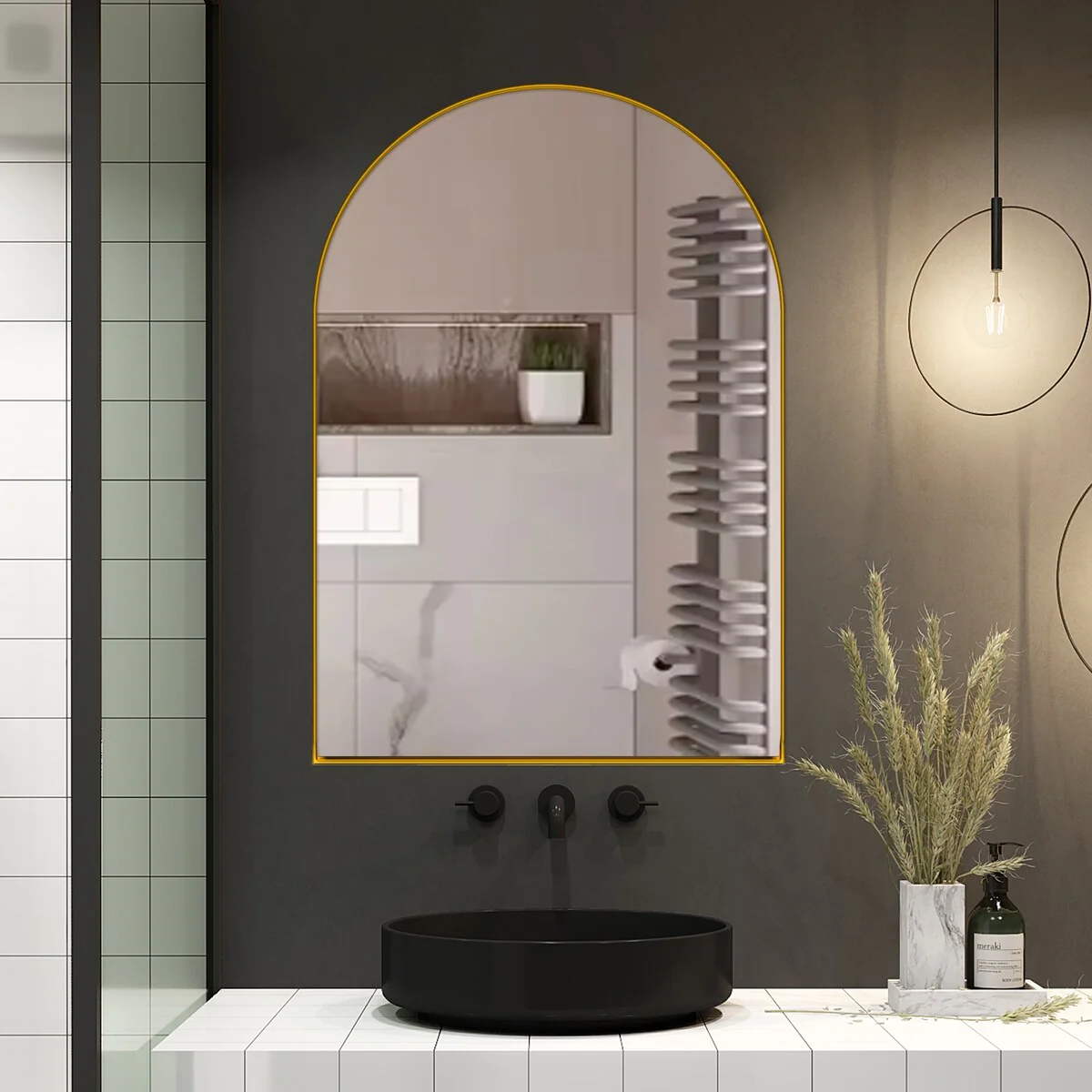 24x36 Inch Arched Recessed Medicine Cabinet, Metal Framed Bathroom Wall Storage Cabinet with Mirror and Adjustable Shelves