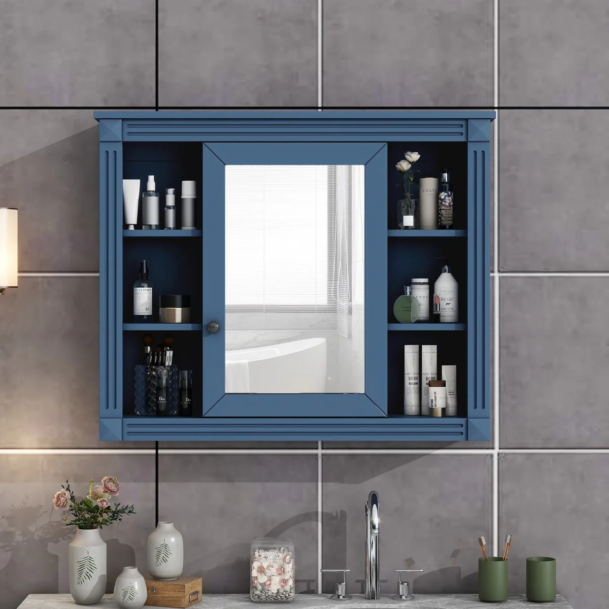 Wall Mounted Bathroom Storage Cabinet,Wall Cabinet with Mirror,Mirror Cabinet with 6 Open Shelves(Not Include Bathroom Vanity )