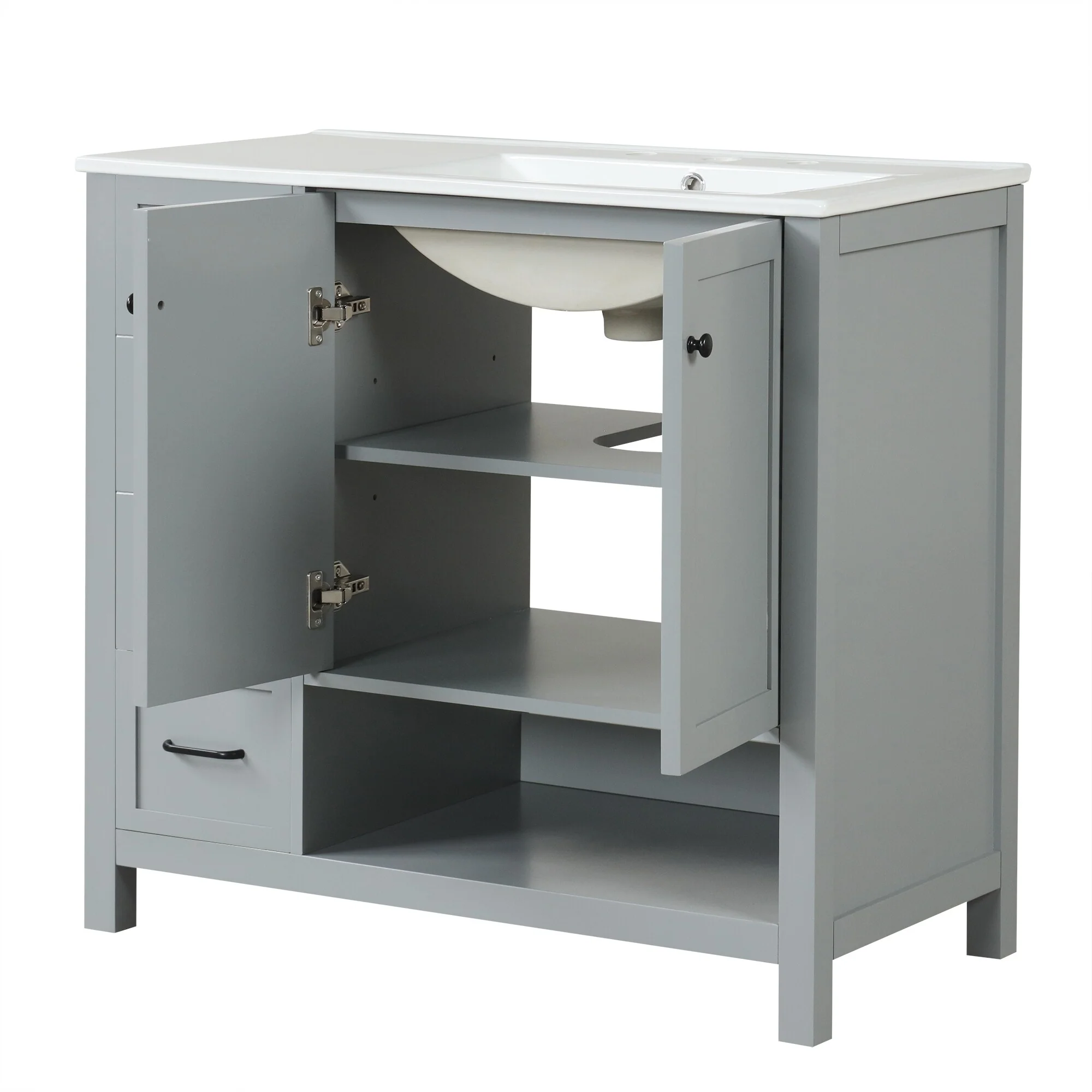 Bathroom Vanity with Ceramic Sink, Bathroom Storage Cabinet with 2 Drawers, Bathroom Vanity with 1 Tip-Out Drawer and 1 Door