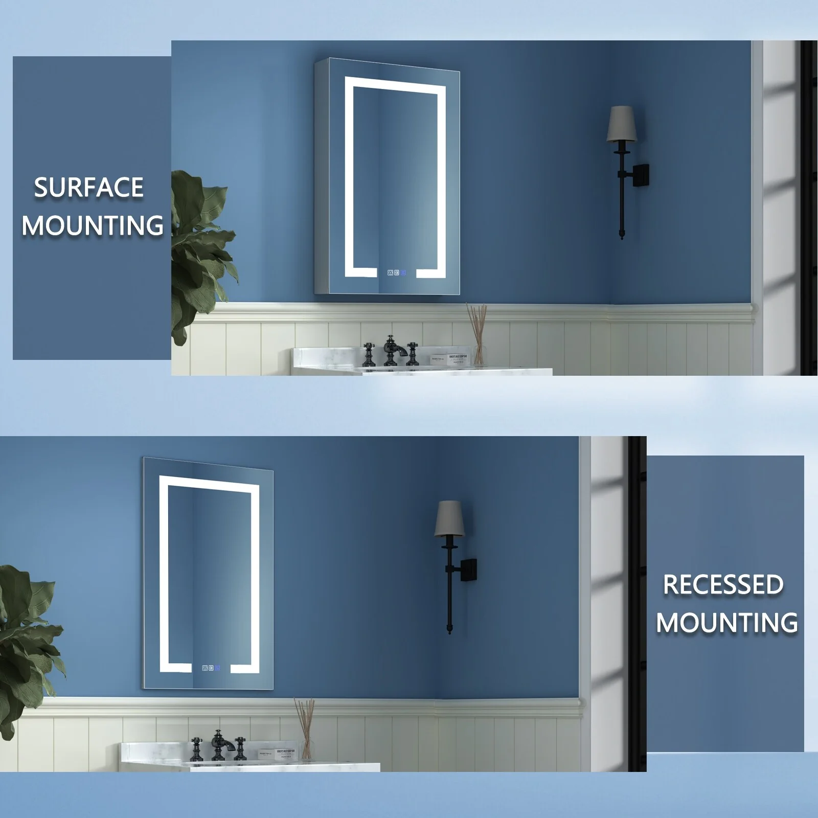 ExBrite 3 Touch Switch LED Lighted Bathroom Medicine Cabinet with Mirror, Recessed or Surface Mount, Defog, Stepless Dimming