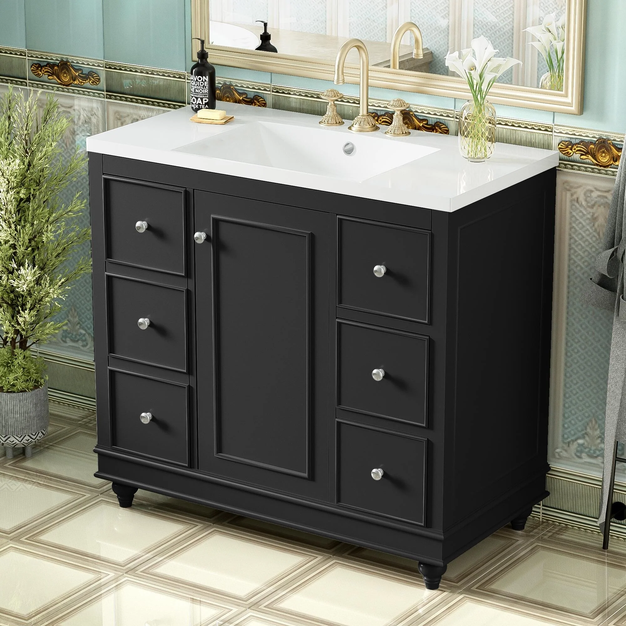 Bathroom Vanity with Sink, Bathroom Vanity Cabinet with 4 Drawers and 1 Door, Storage Cabinet with Adjustable Shelves