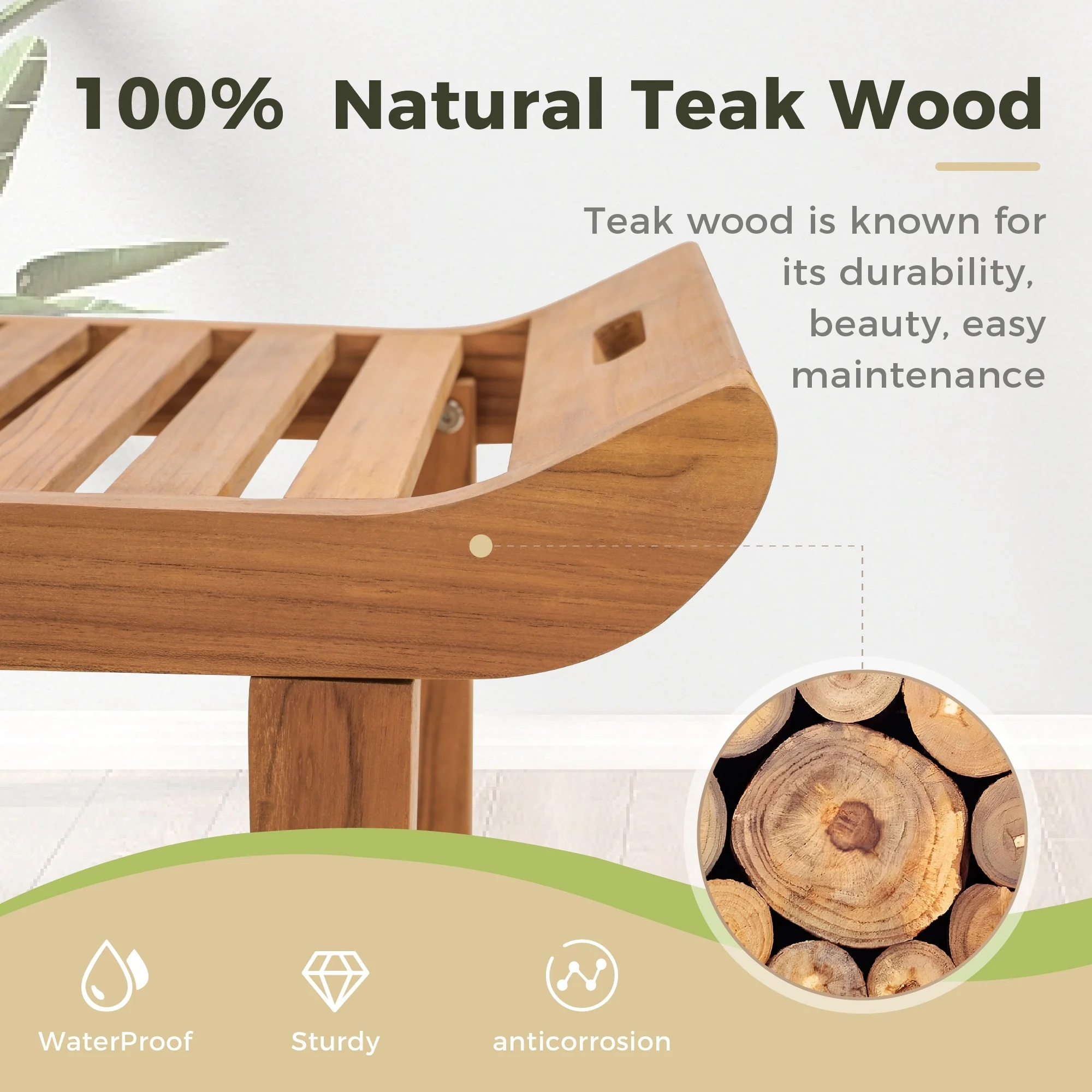 Bathroom Stool with Storage Shelf, Teak Shower Bench Waterproof Wood Bench, Shower Seat