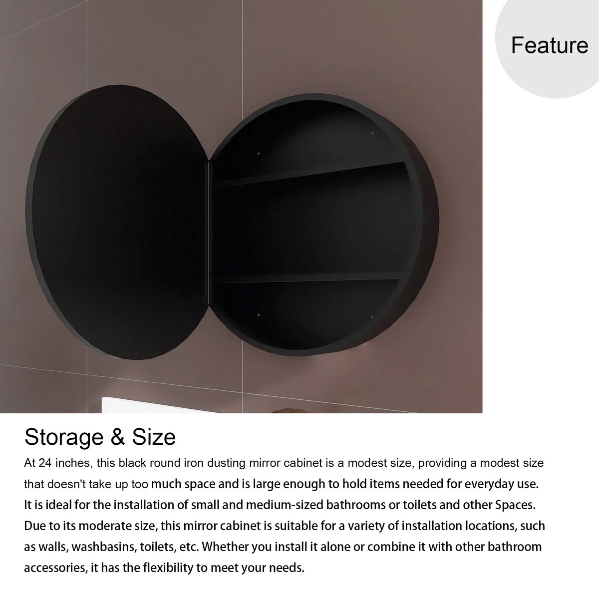 24/30 inch Round Surface Mount Medicine Cabinet with Mirror and Shelves