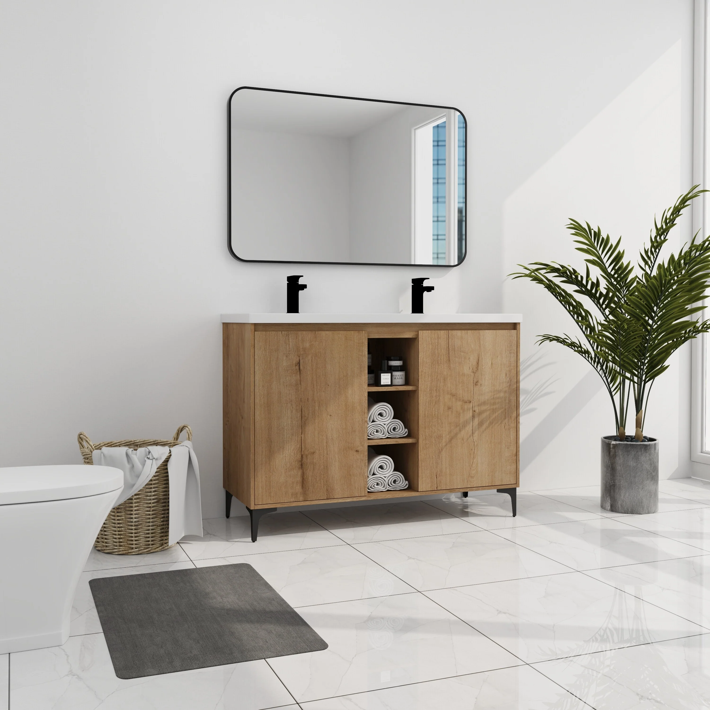 BNK Double Sink Bathroom Vanity in 48 Inch,Bathroom Cabinet with Soft Close Doors&Shelves