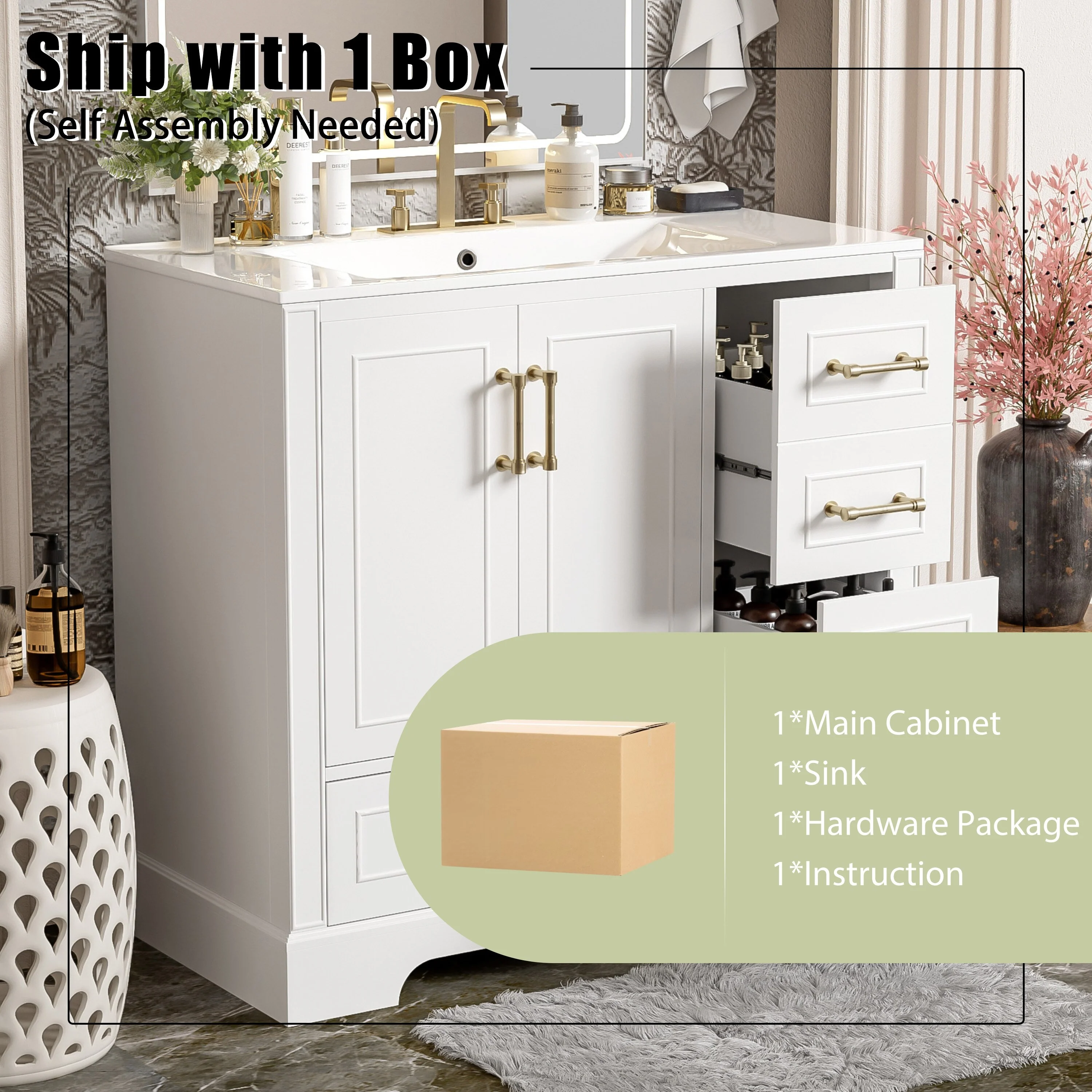 Bathroom Vanity with Resin Sink, Bathroom Vanity Set with 4 Drawers, Bathroom Storage Cabinet with 2 Soft Close Doors