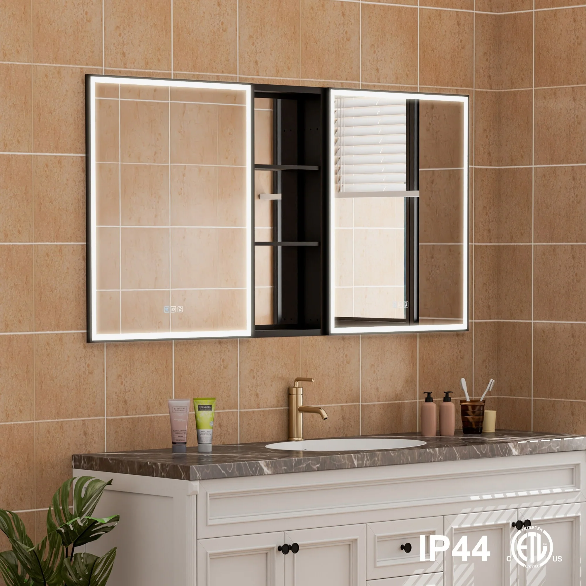 30 in. H Recessed or Surface Wall Mounted LED Mirror Cabinet With Black Side Cabinet