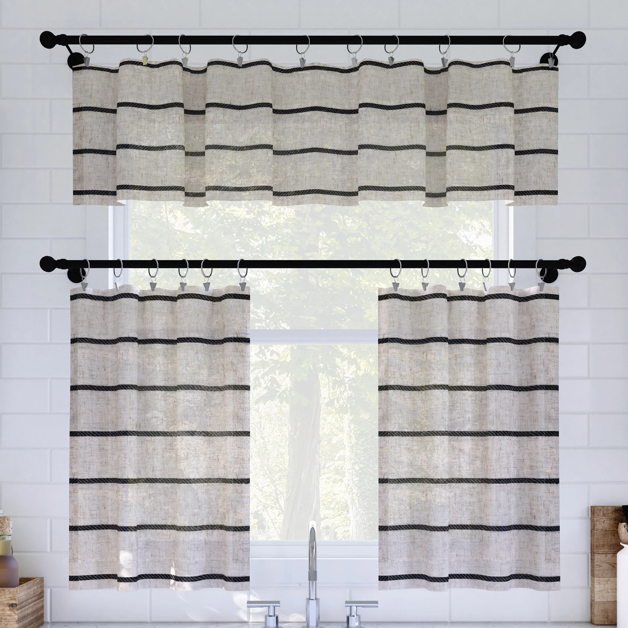Clean Window Twill Stripe Anti-Dust Linen Blend Sheer Cafe Curtain Valance