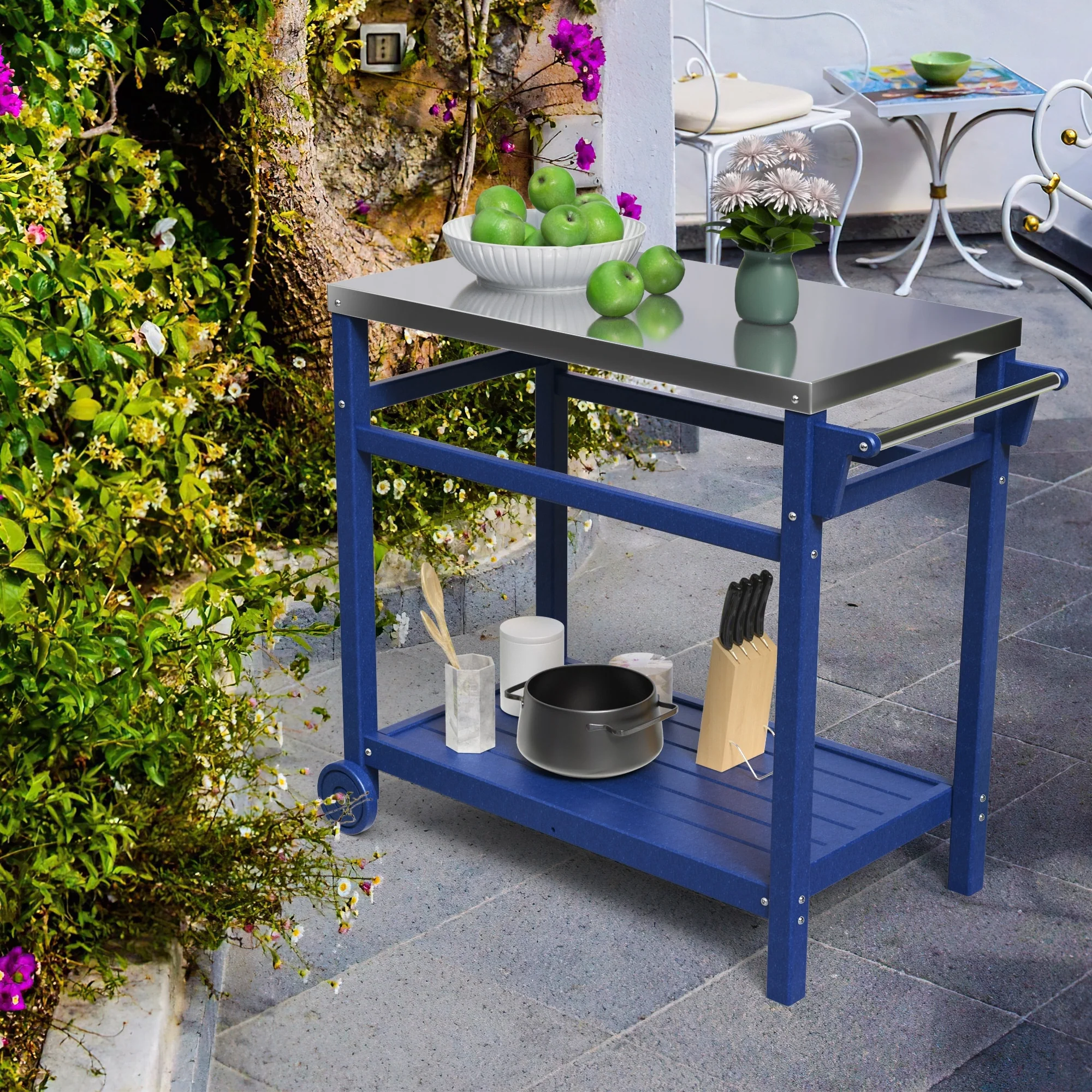 Outdoor Black Steel Movable Dining Cart Table for Patio Grilling