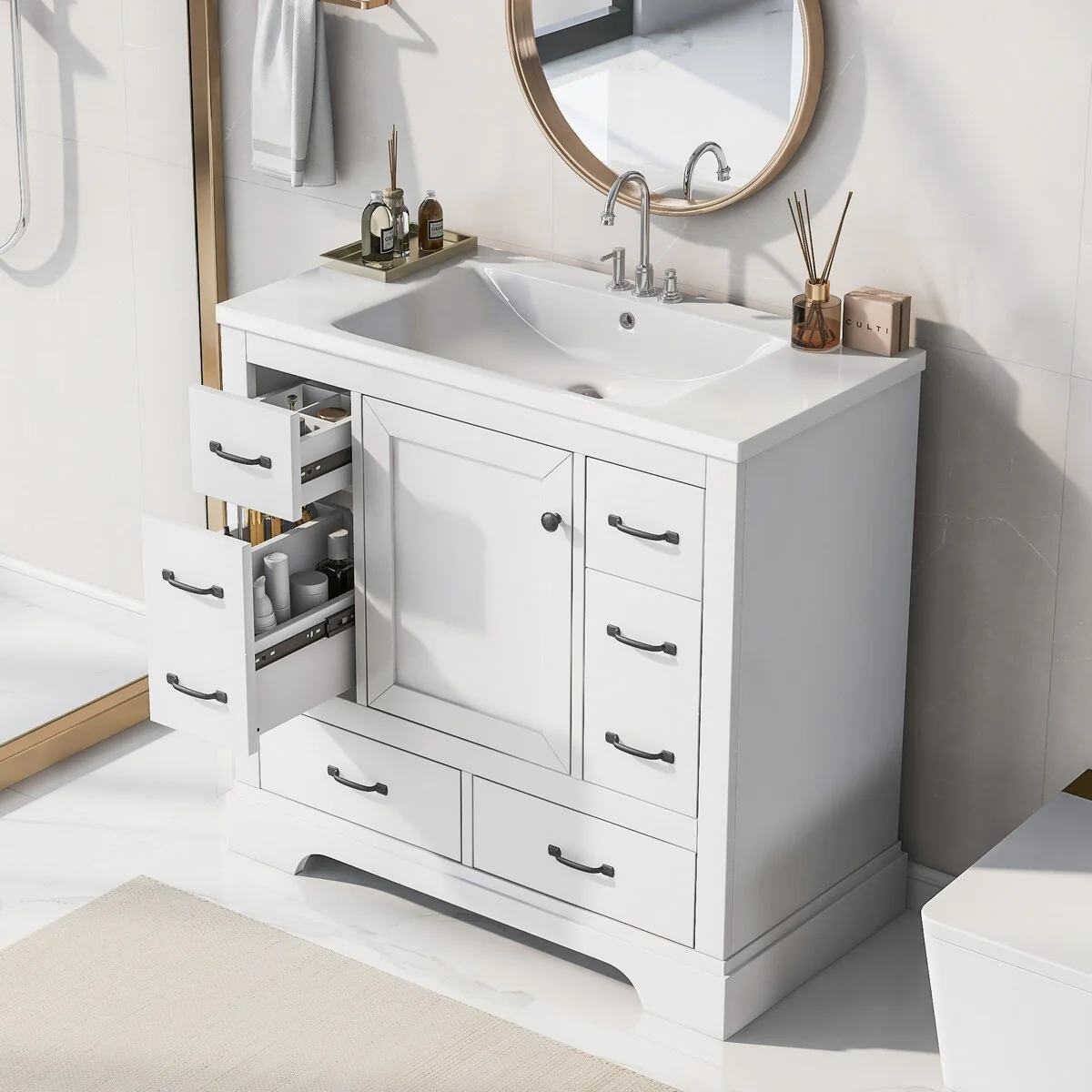 Bathroom Vanity Cabinet with Multi-Functional Drawer and Adjustable Shelf