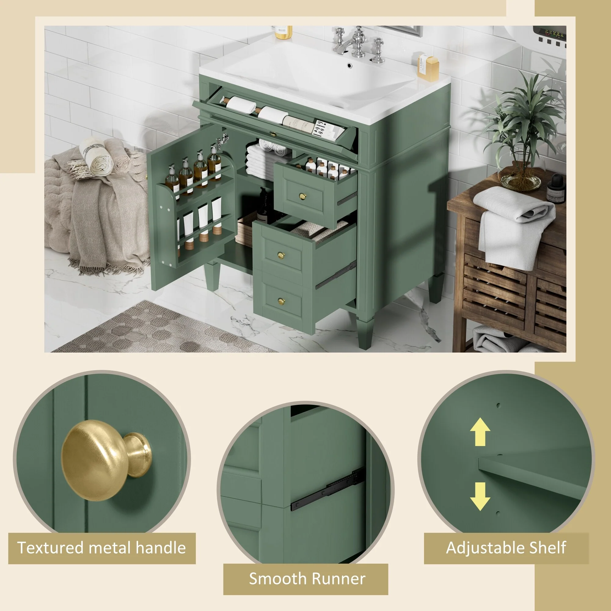 30'' Bathroom Vanity with Top Sink,Bathroom Storage Cabinet with 2 Drawers and a Tip-out Drawer,Single Sink Bathroom Vanity