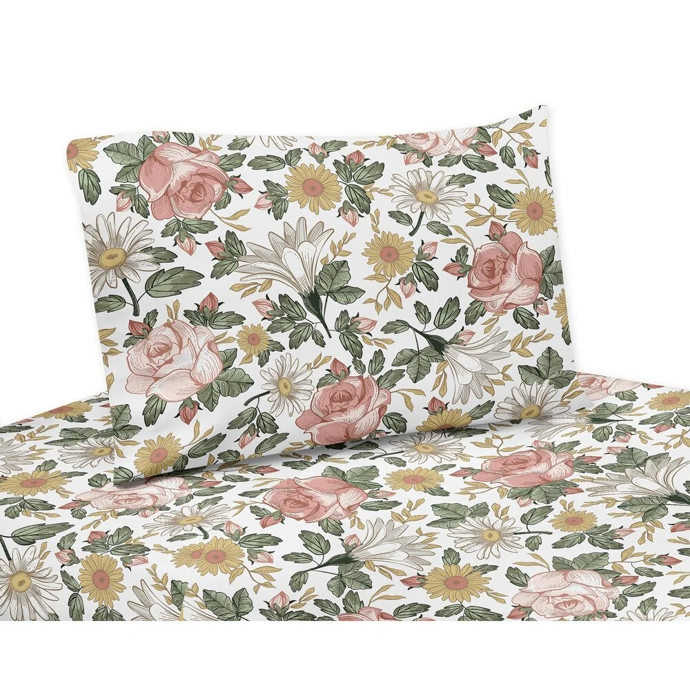 Sweet Jojo Designs Vintage Floral Boho Collection 3pc Twin Sheet Set Blush Pink Yellow Green White Shabby Chic Flower Farmhouse