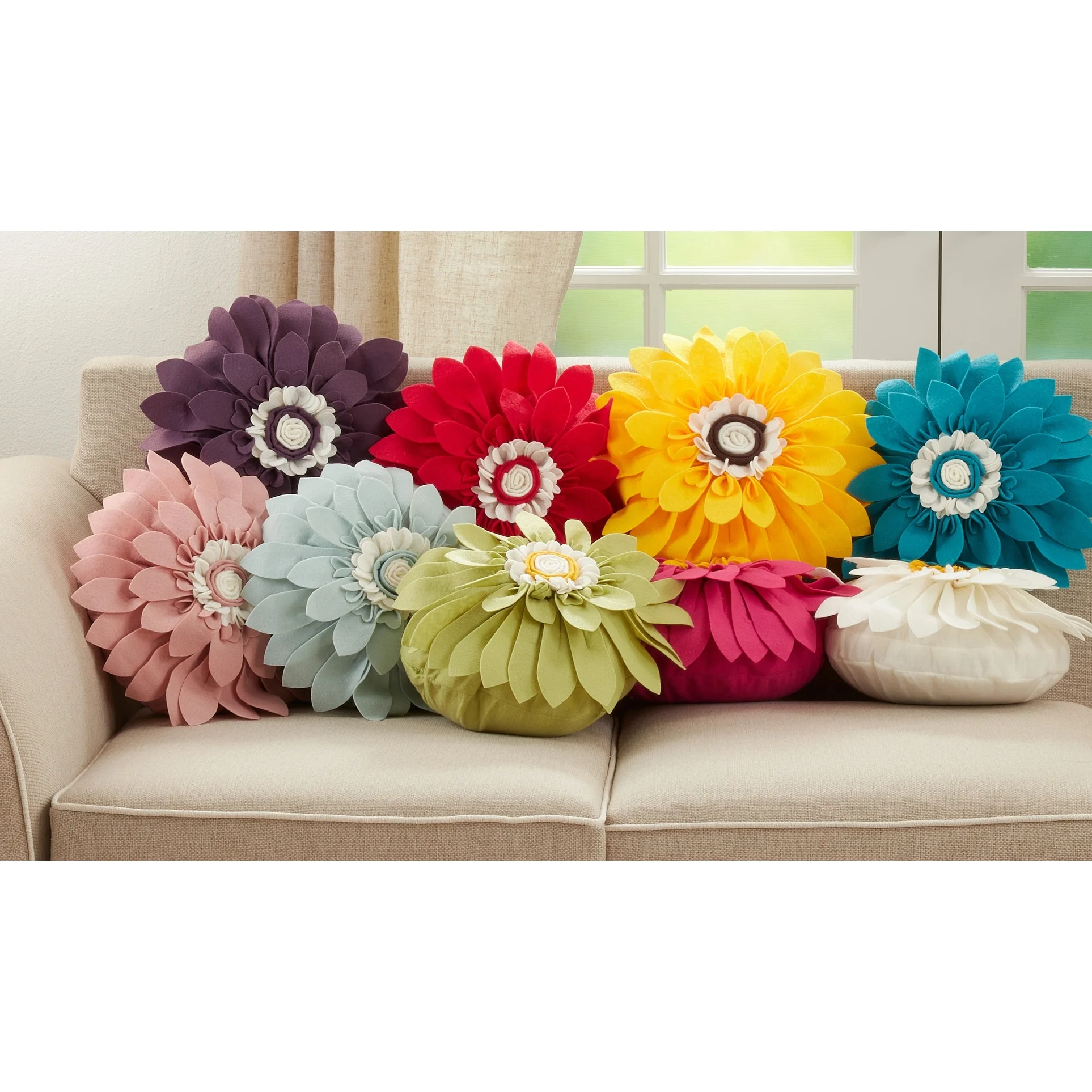 Felt Flower Design Poly-Filled Throw Pillow