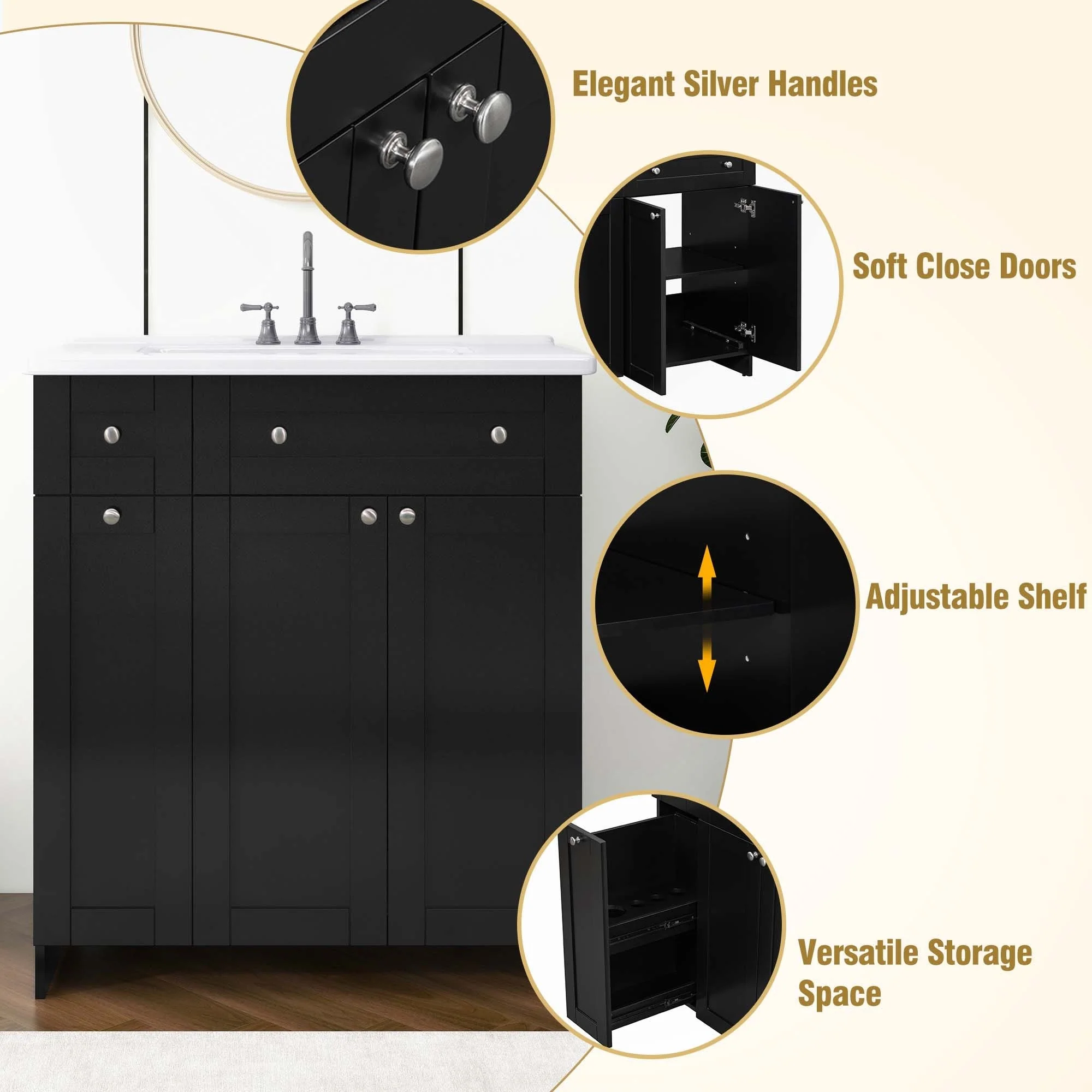 30-Inch Black Bathroom Vanity with Ceramic Sink