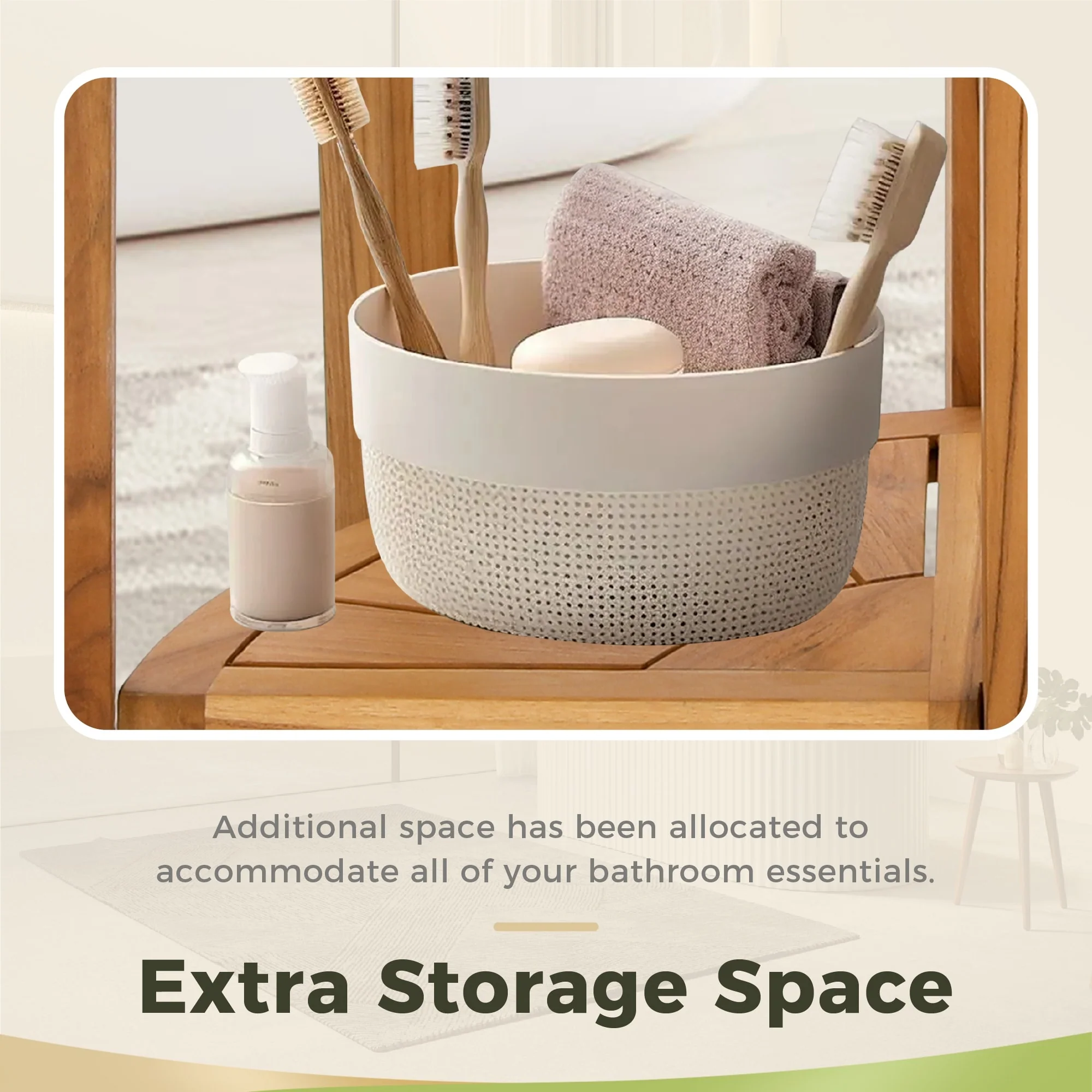 Bathroom Stool with Storage Shelf, Teak Shower Bench Waterproof Wood Bench, Shower Seat