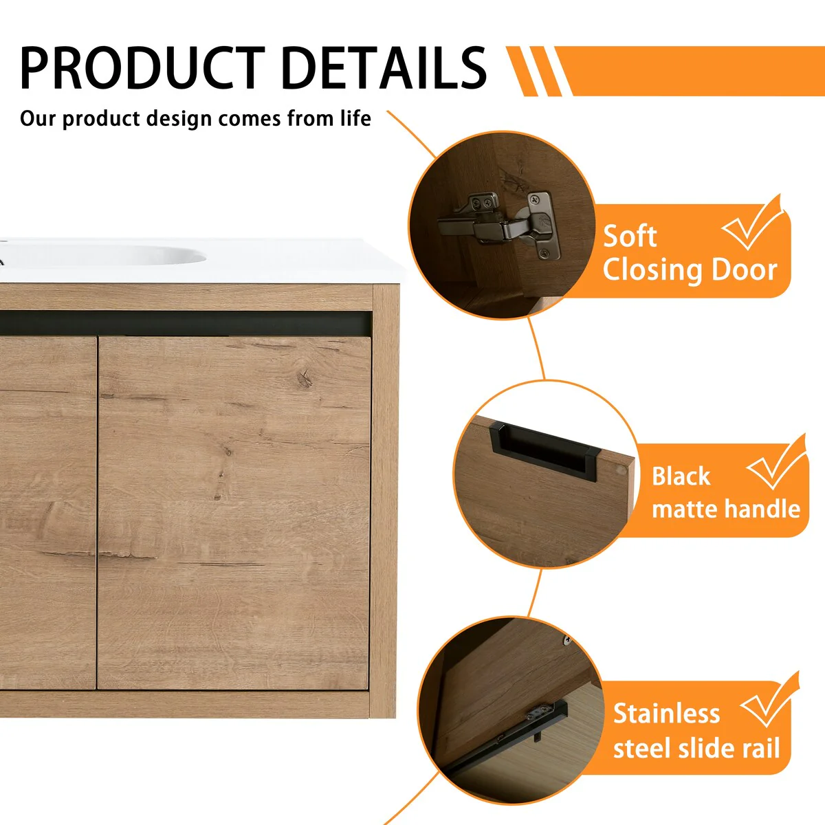 Bathroom Vanity With Sink In 36 Inch, Floating Bathroom Vanity With Soft Close Door