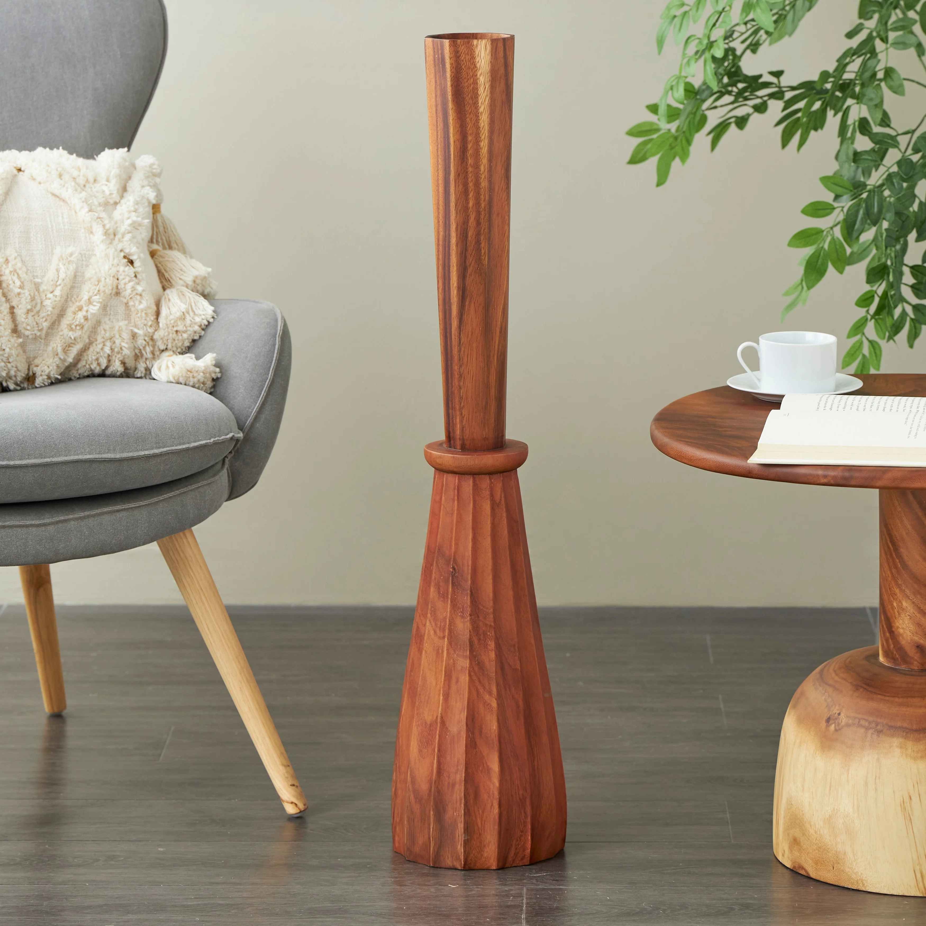 Brown Wood Handmade Tall Pleated Hourglass Floor Vase