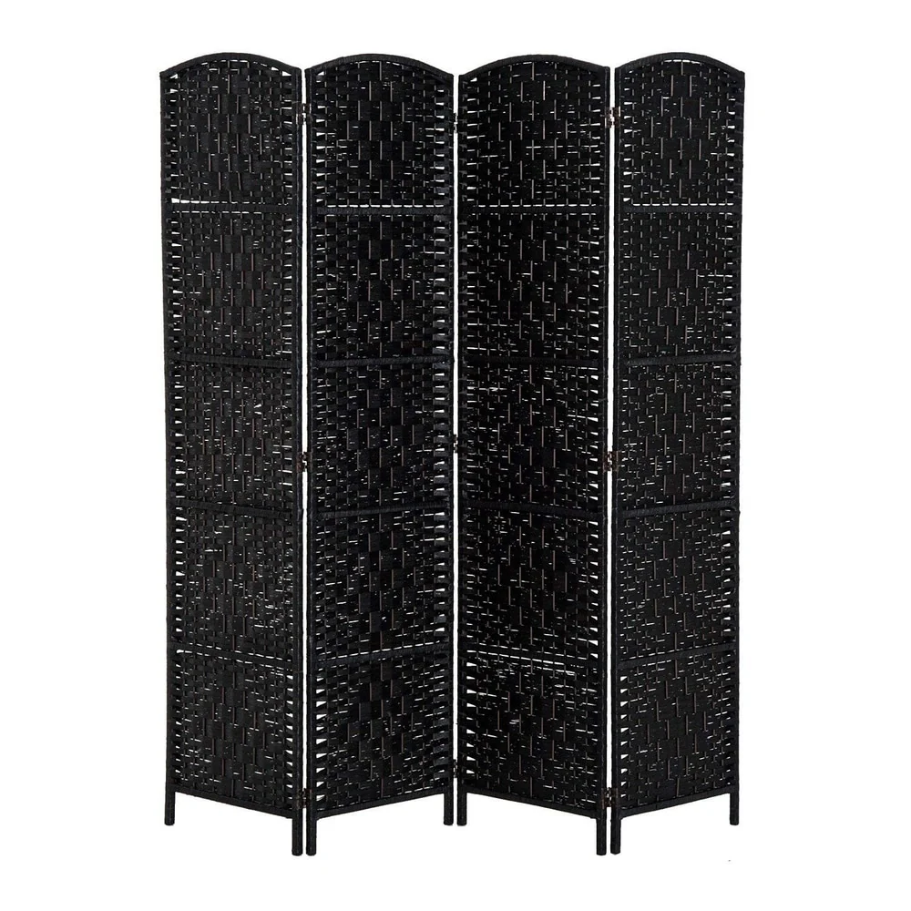 HomCom 6' Tall Wicker Weave Four Panel Room Divider Privacy Screen - Black Wood