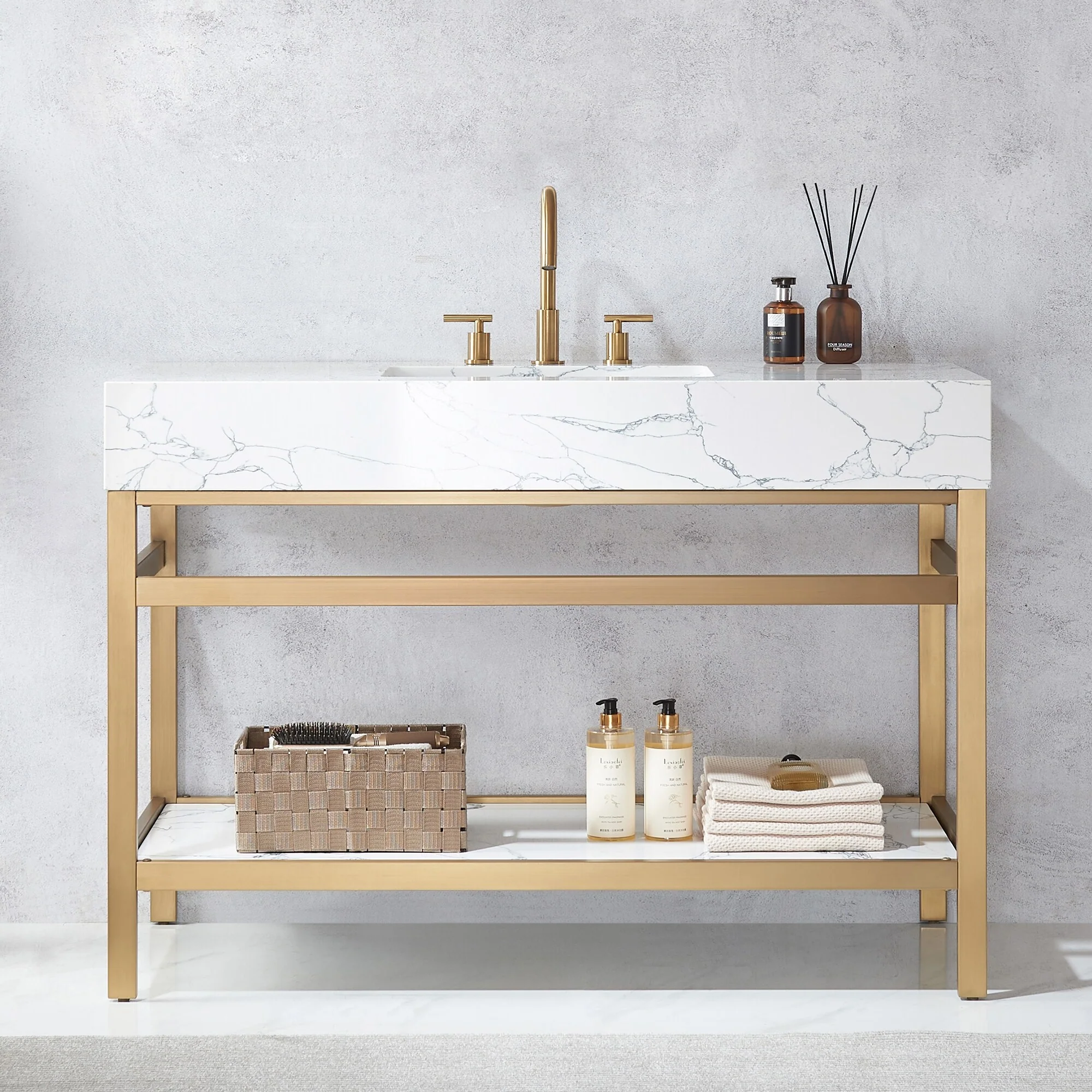 Ecija Bath Vanity, Metal Support with Composite Stone Top, no Mirror