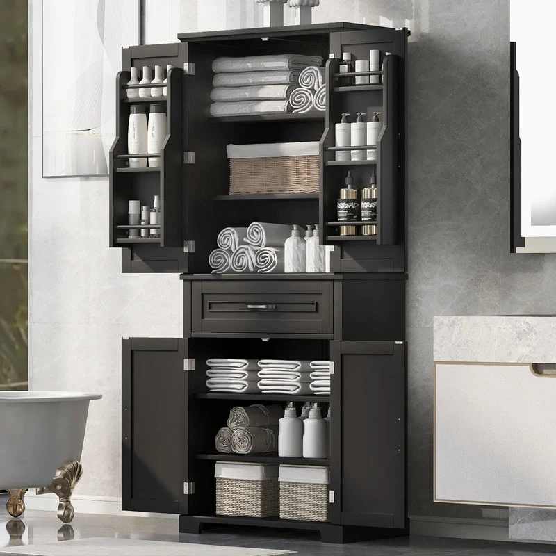 Bathroom Floor Cabinet, Freestanding Storage Cabinet with Doors and Drawer, Kitchen Cupboard with Adjustable Shelf