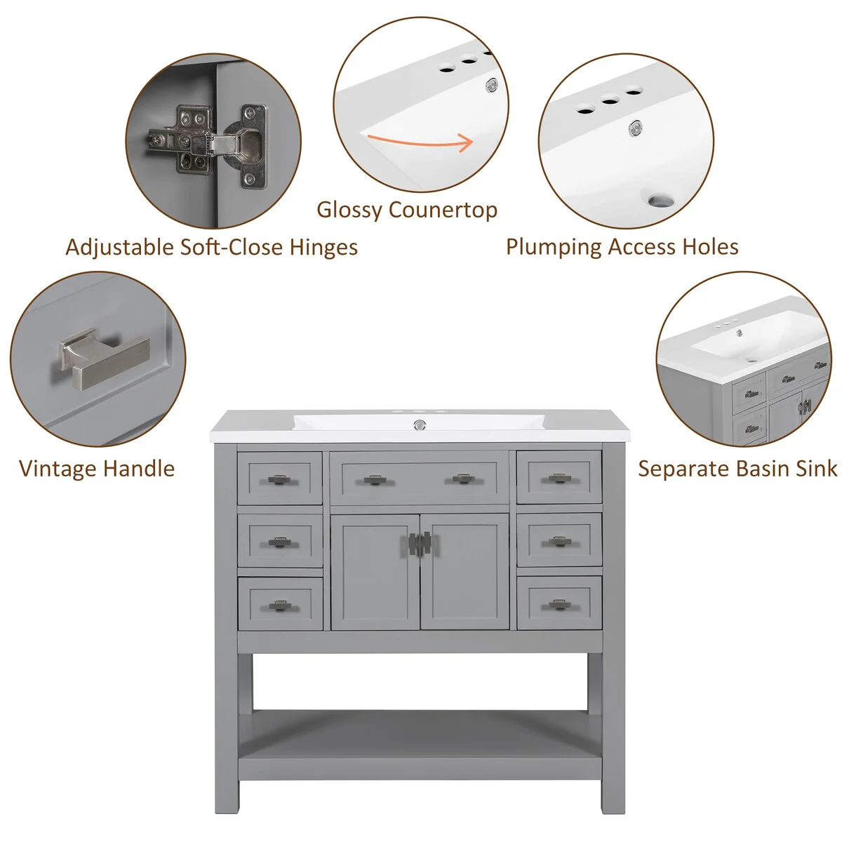 36'' Bathroom Vanity Modern Bathroom Storage Cabinet with 6 Drawers