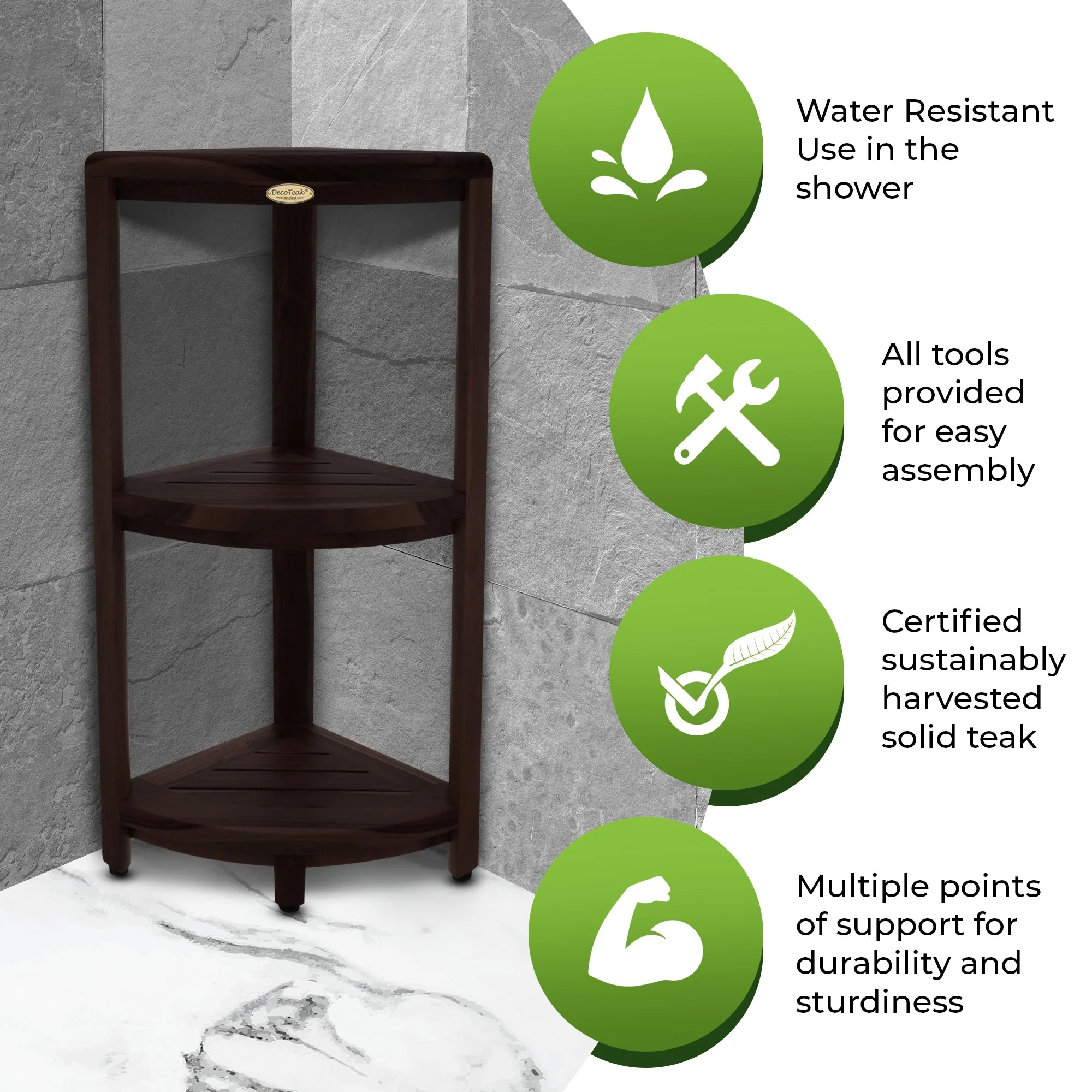 DecoTeak Oasis 3-Tier Solid Teak Corner Shower Shelf in Signature WoodLand Brown Finish