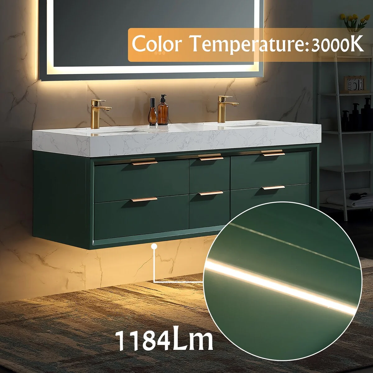 60 Inch Solid Wood Frame Wall-Mounted Bathroom Vanity Set with Double Ceramic Basin