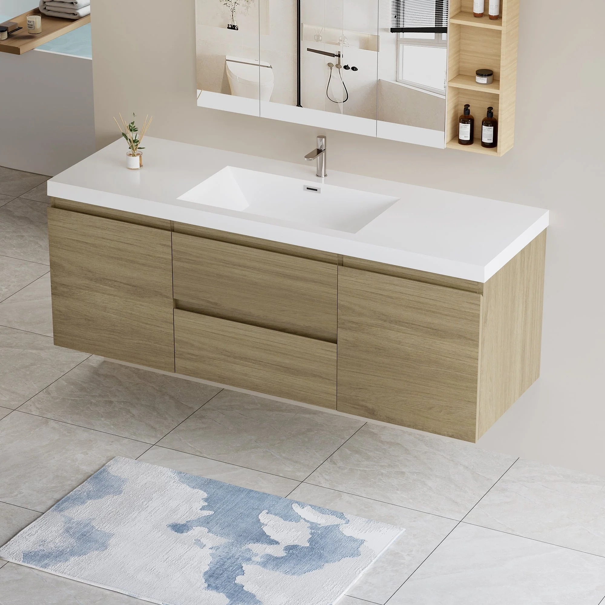 MDF Floating Bathroom Vanity with Integrated Resin Sink