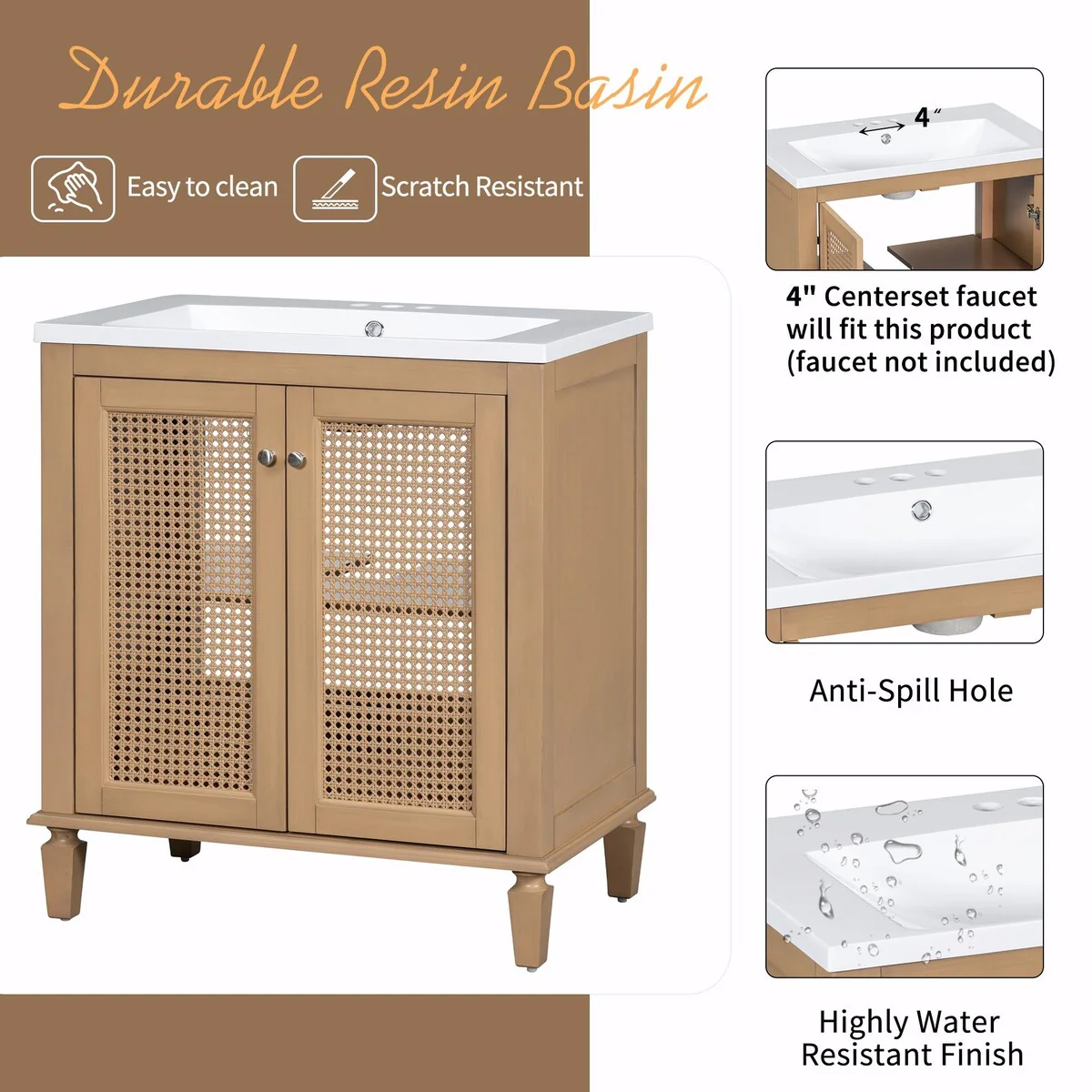 30-Inch Freestanding Bathroom Vanity Set with Resin Sink - Hidden Drawer and Storage Cabinet