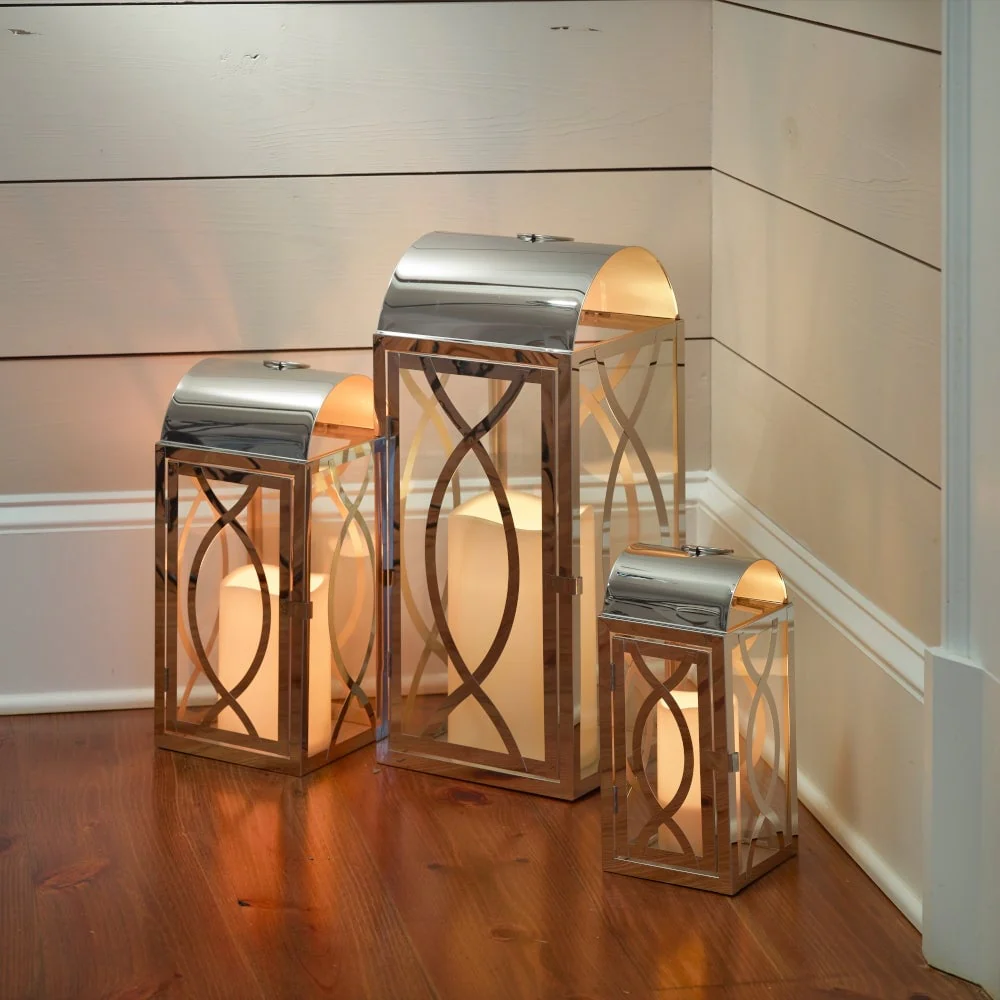Set of 3 Indoor-Outdoor Rogan Metal Lanterns- Stainless Steel