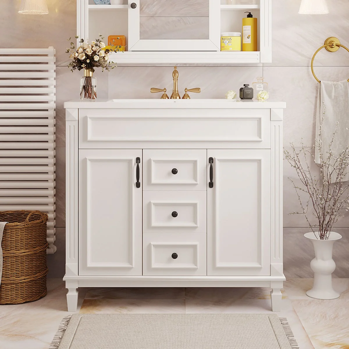 Modern Bathroom Storage Vanity with Top Sink, 2 Soft Closing Doors & 2 Drawers