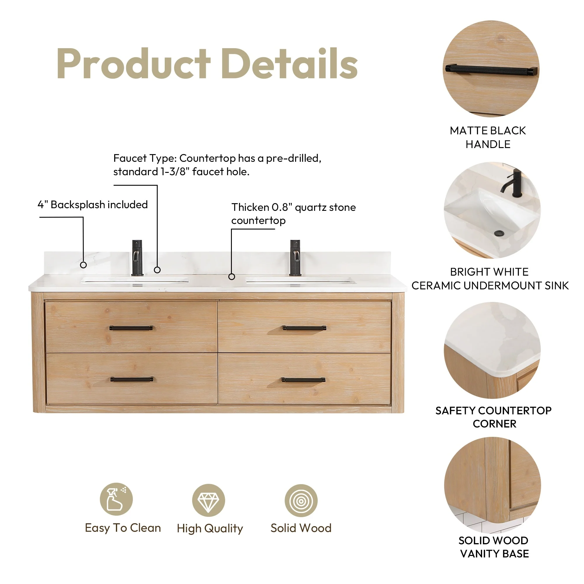 Cristo Floating Bath Vanity with White Quartz Stone Top and Mirror